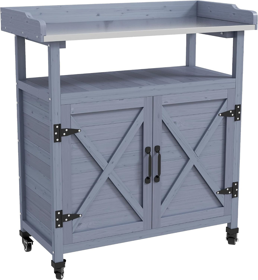 Outdoor Potting Bench, Wooden Potting Table with Storage Cabinet, Aluminum Table Top, Rubber Wheels for Backyard, Patio, Balcony, Gray