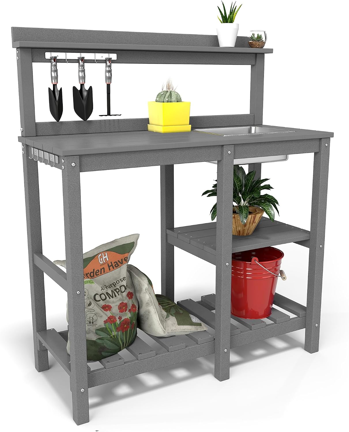 NAVINE Potting Bench, Outdoor Potting Bench with Sink, Hooks, HDPE All Weather Potting Table, Suitable for Patio, Porch, Garden, Yard, Grey