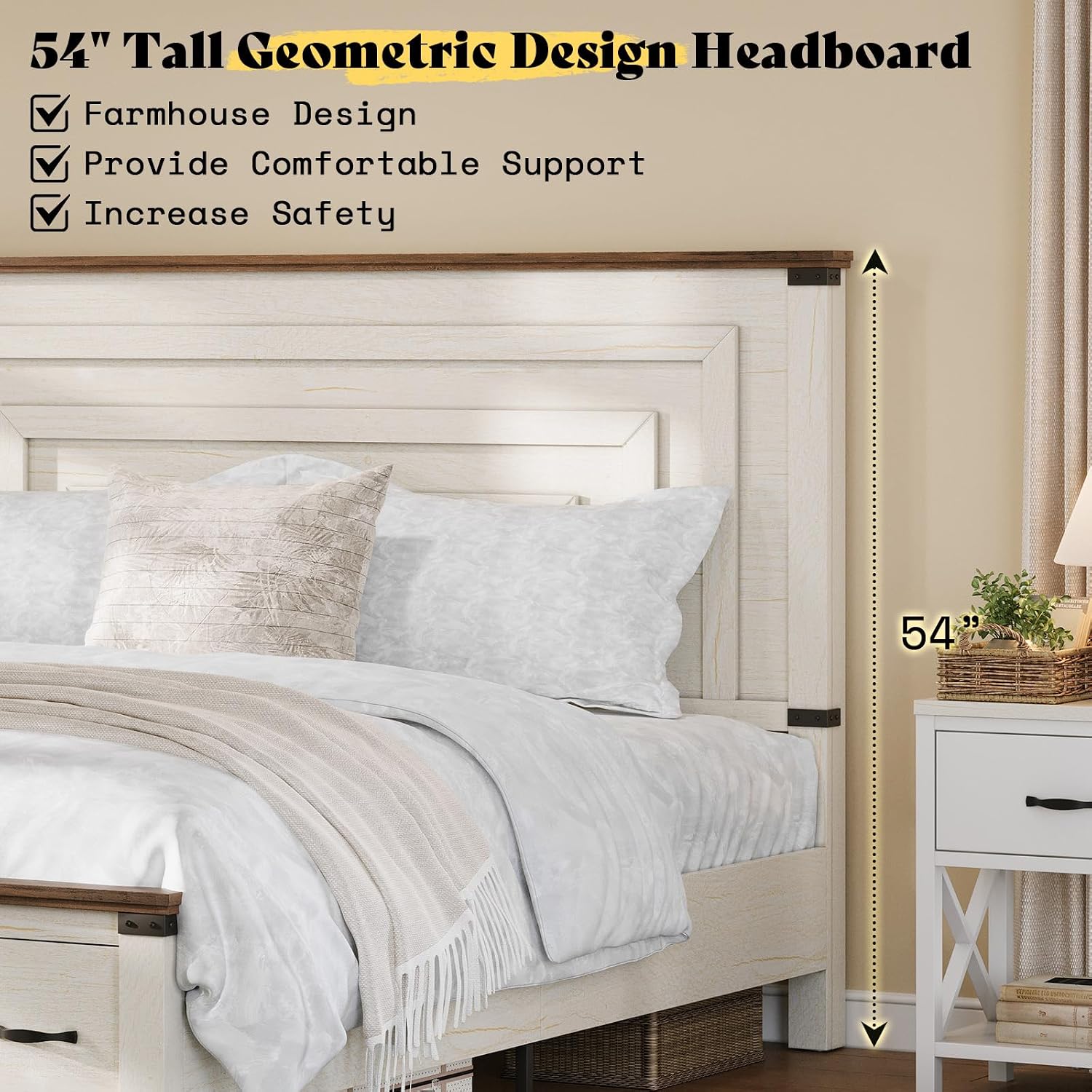 AMERLIFE Farmhouse Bedroom Furniture Set, Includes 2 Nightstands with Charging Station and 1 Full Wood Platform Bed Frame with Storage Drawers, Farmhouse Furniture for Bedroom, Rustic White