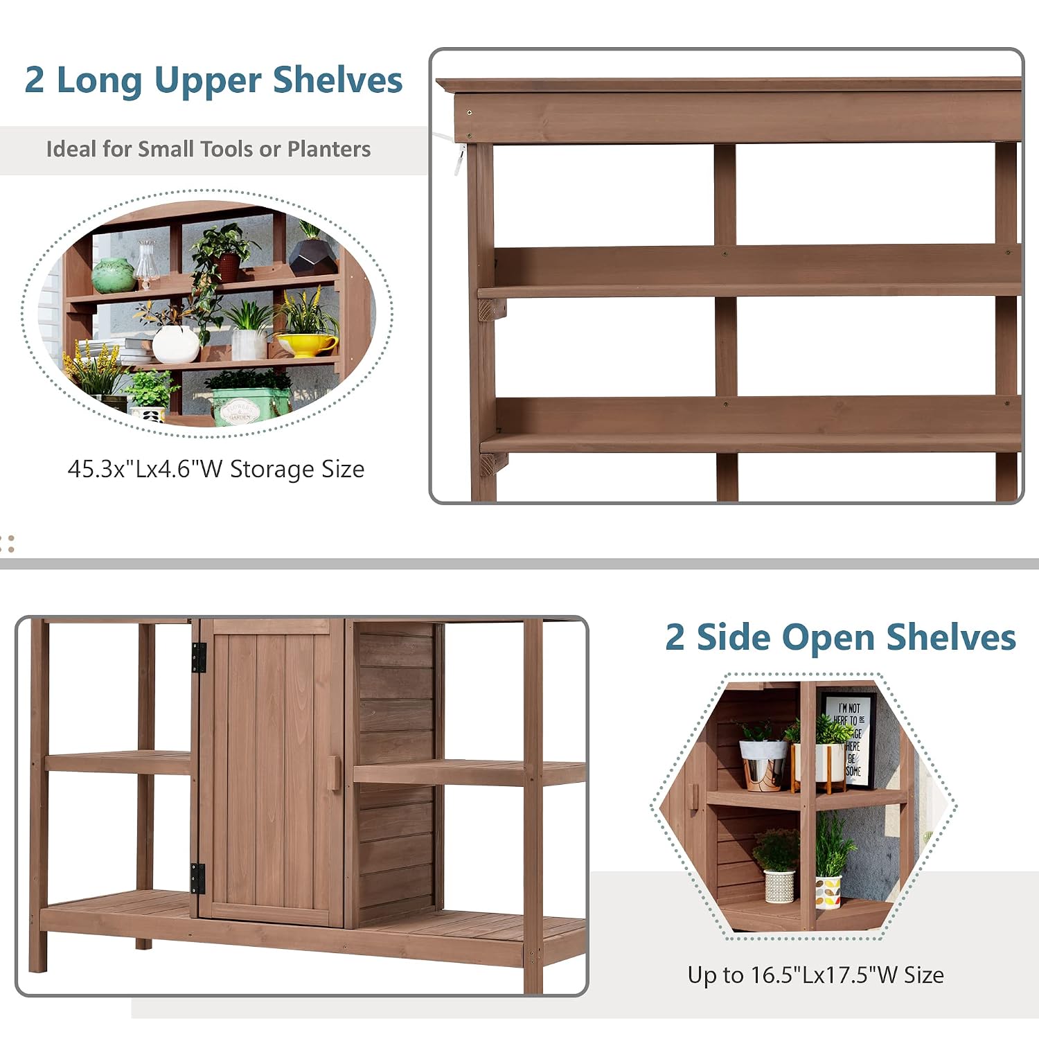 66-Inch Outdoor Potting Bench with 2 Drawers, Cabinets, and Open Shelves, Anti-Falling Safety Device, Wooden Garden Potting Table for Backyard, Patio Brown As Shown One Size
