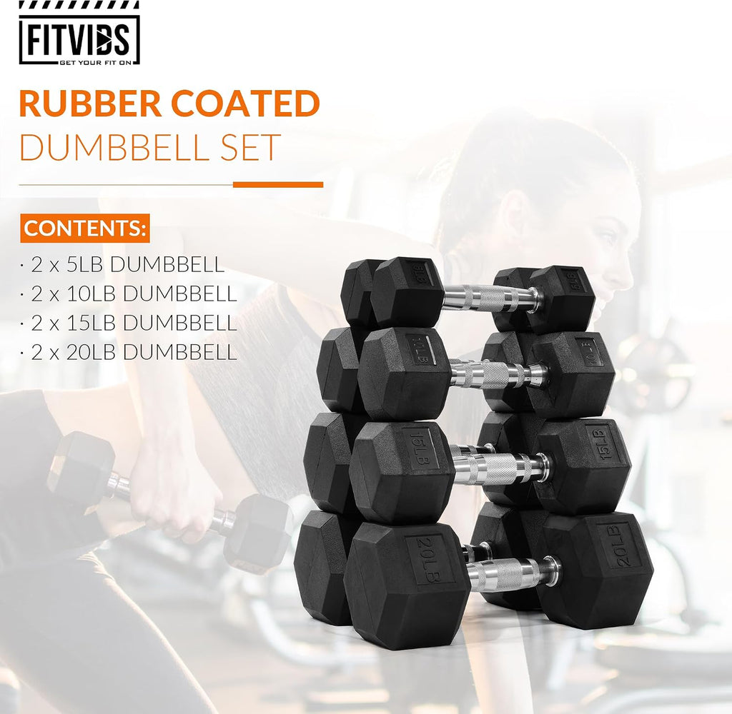 Fitvids Rubber Encased Hex Dumbbell Set Contoured Handle for Muscle Toning, Strength Building & Full Body Workout, 60LB, 100LB, 150LB and 550LB Set