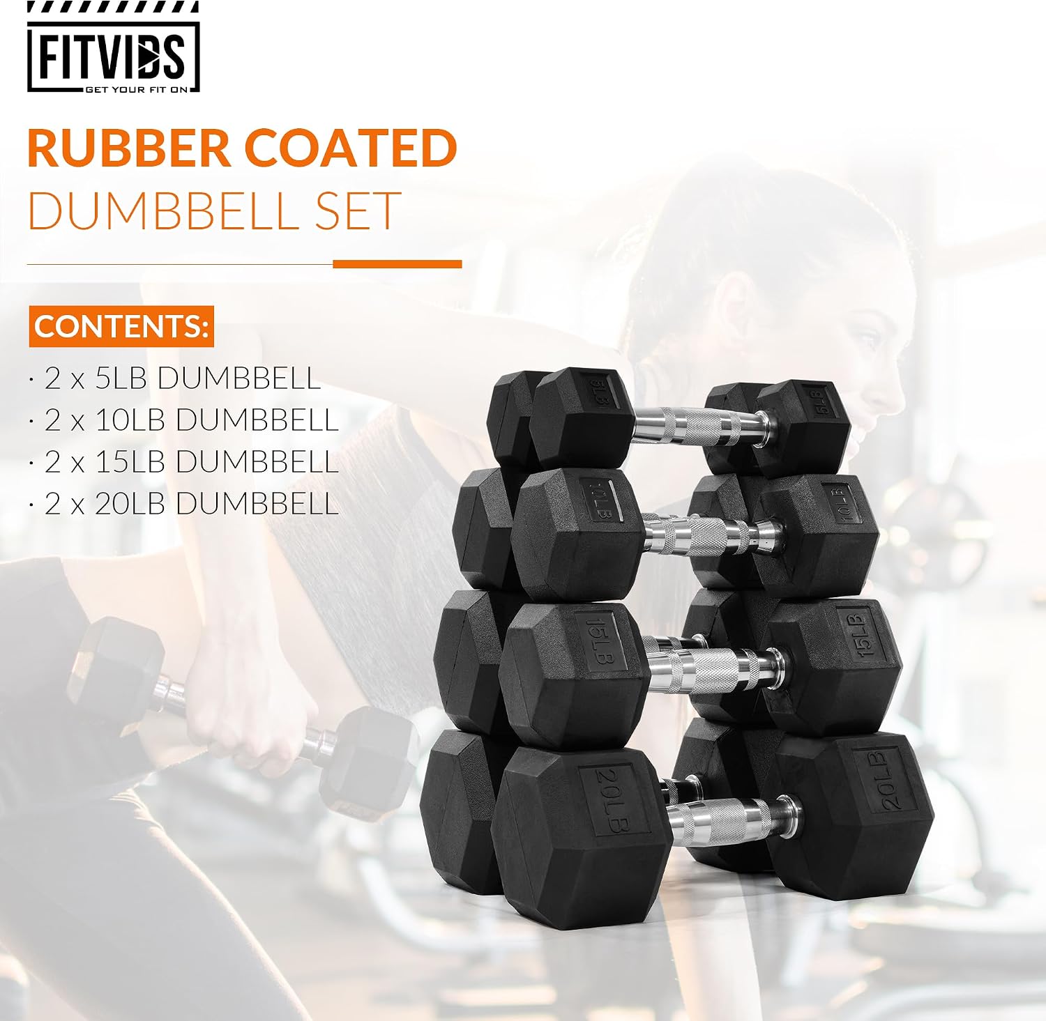 Fitvids Rubber Encased Hex Dumbbell Set Contoured Handle for Muscle Toning, Strength Building & Full Body Workout, 60LB, 100LB, 150LB and 550LB Set