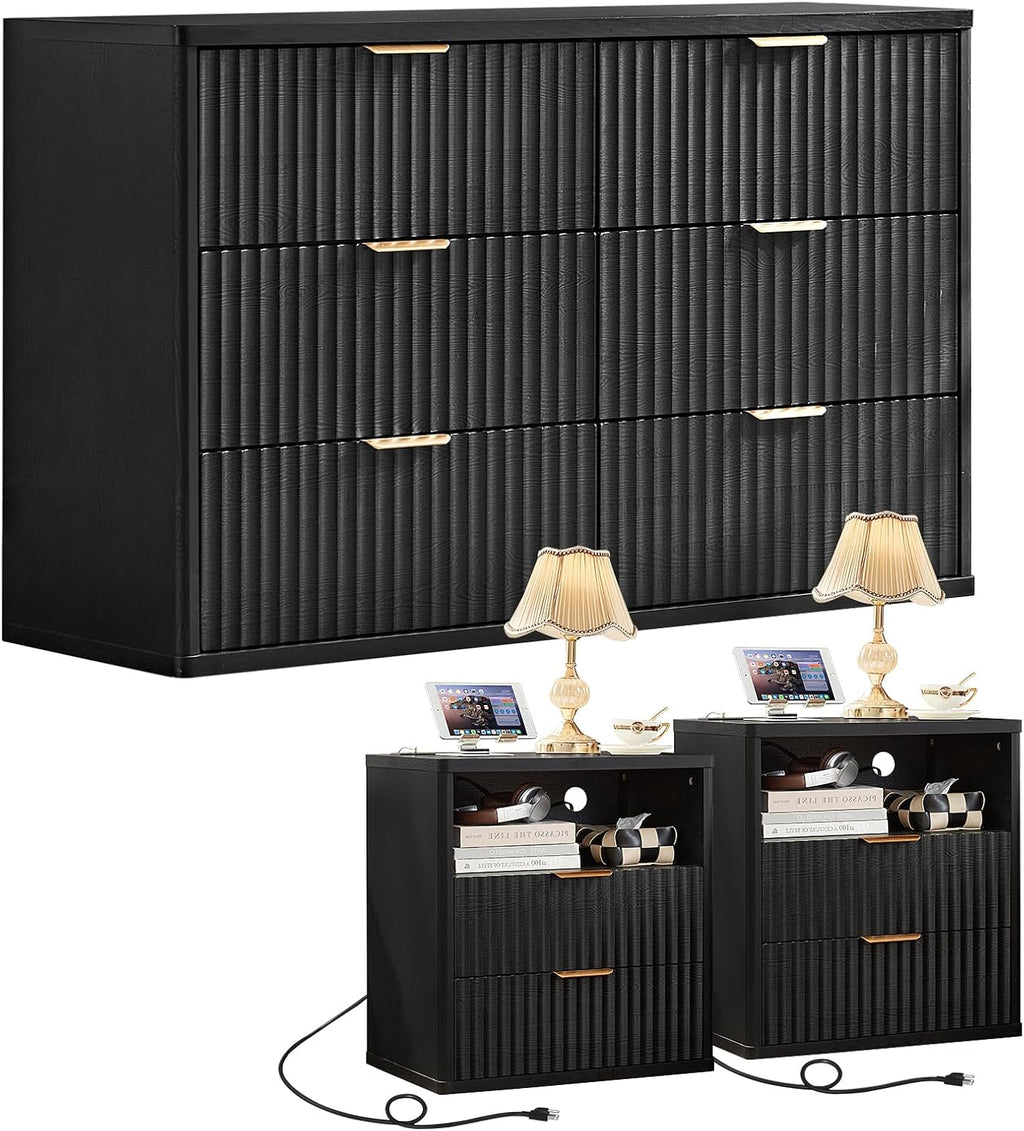 LEYAOYAO Fluted Dresser and 2 Drawers Nightstand Set of 2, Wood 48' Wide Dresser & 23' Night Stand with Charging Station, 3 Piece Bedroom Furniture Set, Chest of Drawers for Home,Living Room,Black