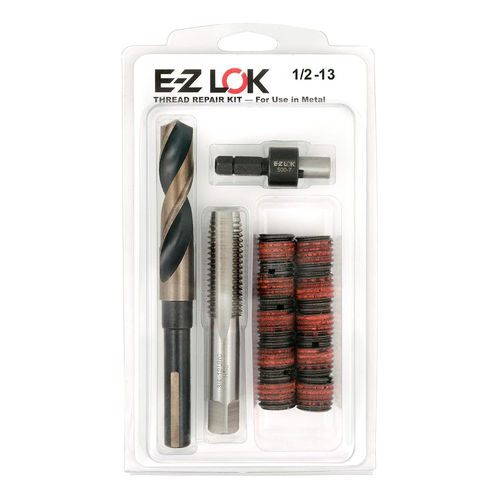 E-Z LOK Thread Repair Kit for Metal - Includes Threaded Inserts, Drill, Tap and Drive Tool, Standard Wall, 1/2-13 x 3/4-10 x 1.00 Length (EZ-329-801)