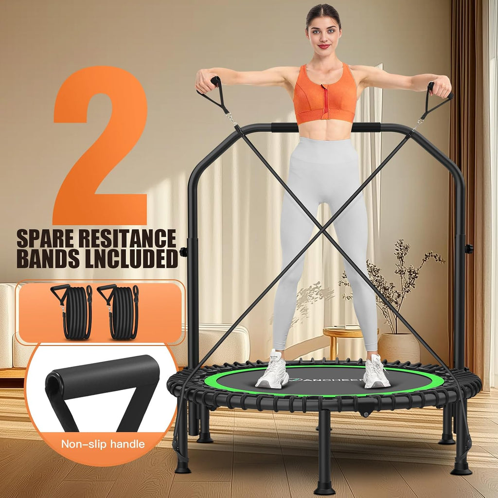 ANCHEER 40'/48' Foldable Mini Trampoline,Max Load 450lbs/550lbs Indoor Trampoline,with 4 Level Adjustable Foam Handle and Resistance Bands,Adult Exercise Trampoline for Home, Garden, and Gym
