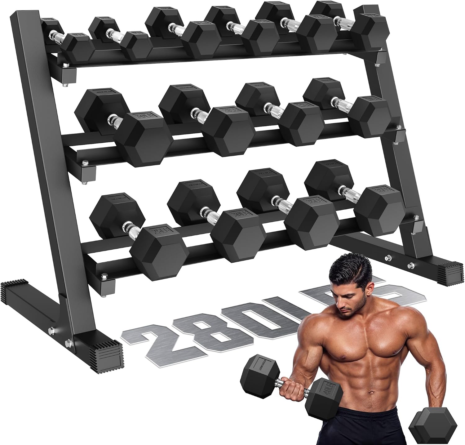 Dumbbell Sets with Rack, Rubber Hex Dumbbells, 160/220/280/360/450/550LBS, Hand Weights with Chrome Handle for Strength Training