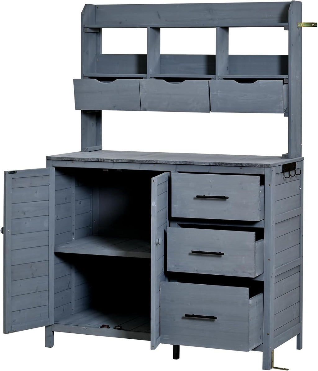 Roomfitters Garden Potting Bench with Storage Hutch, Outdoor Potting Table with 6 Drawers and Cabinets, Shelves, Gray