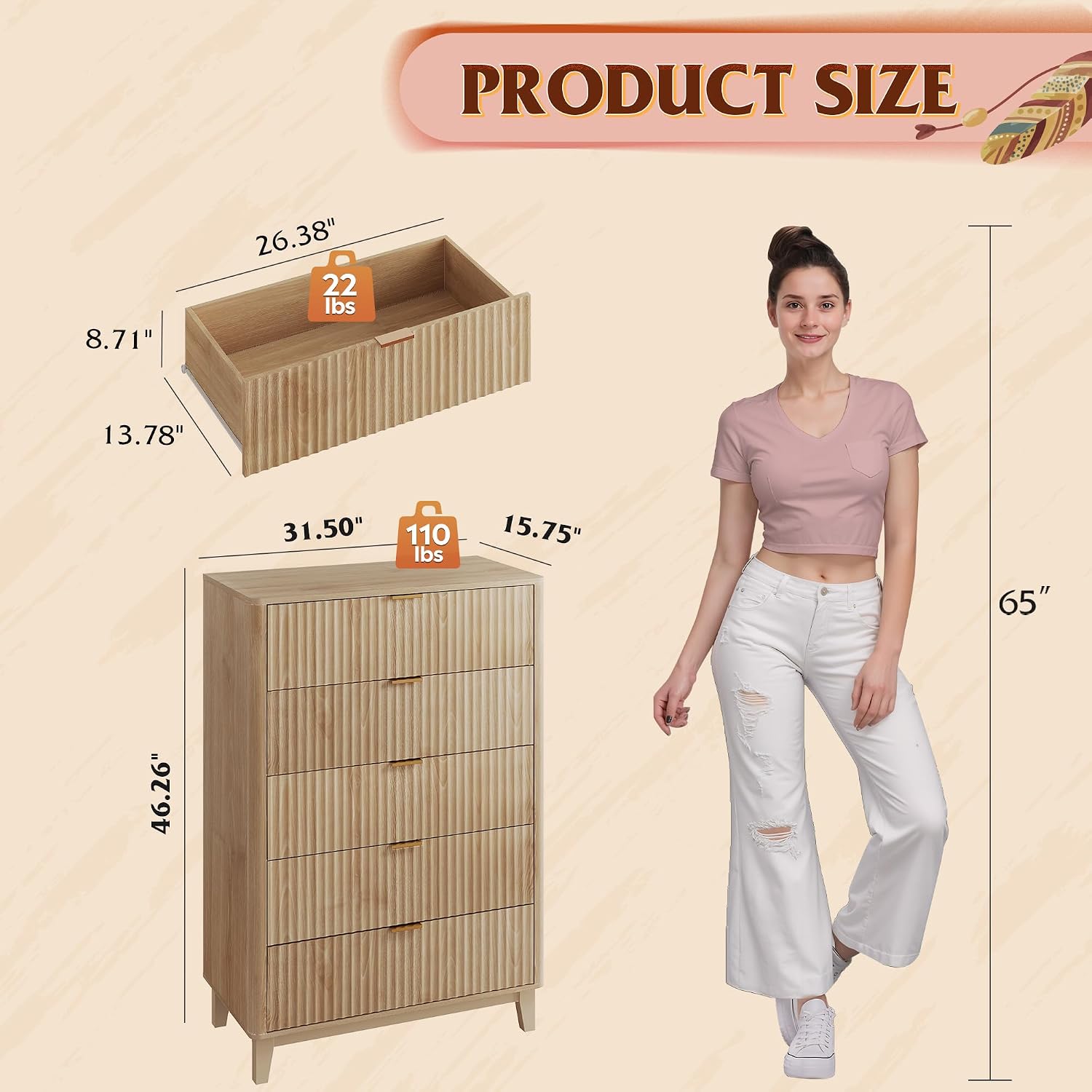 WLIVE Fluted Dresser for Bedroom with 5 Drawers, 46.26' Tall Wooden Dresser with Golden Metal Handles, Mid Century Modern Chest of Drawers for Living Room, Hallway, Closet, Natural Oak