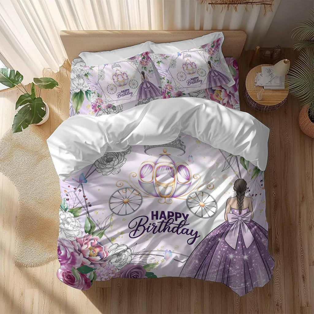 Happy Birthday Duvet Cover Set, Purple Luxury Dress Crown Carriage Flowers Soft Duvet Cover Full Size Bedding Set 4 Pieces, 1 Quiltcover and 2 Pillowcases with Zipper, 1 Bed Sheet for All Seasons