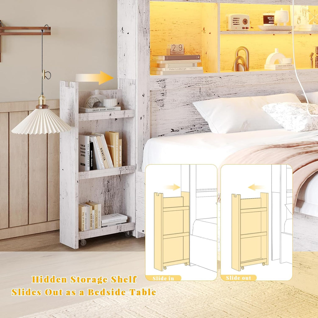 LUXOAK Queen Bed Frame with 49.6' Bookcase Headboard & 4 Drawers & 2 Detachable Bedside Stoage Racks, Farmhouse Wood Bed Frame with RGB LED & Charging Station, No Box Spring Needed, Distressed White