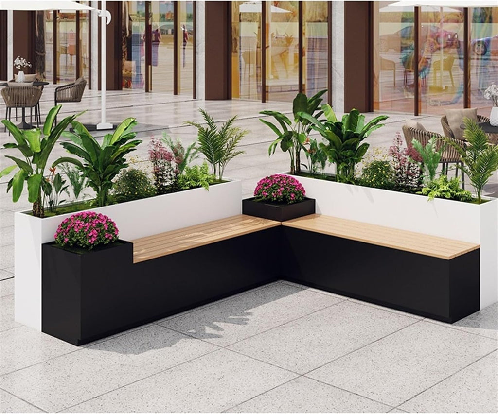 Bench with Planter Box, Outdoor corner Bench with Large Raised Beds 2 Planter Boxes, metal Raised Garden Bed, Weather-Resistant Deep Planter Boxes for Flowers Fruit Vegetable, DIY Assembly Garden Benc
