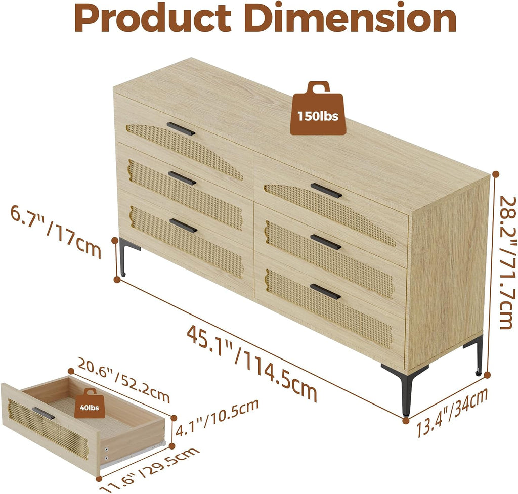 Mericonia 6 Drawer Double Dresser for Bedroom, Wood Rattan Dresser for Closet with Metal Legs, Boho TV Stand with Drawers, Dressers & Chests of Drawers for Bedroom, Hallway and Entryway, Oak