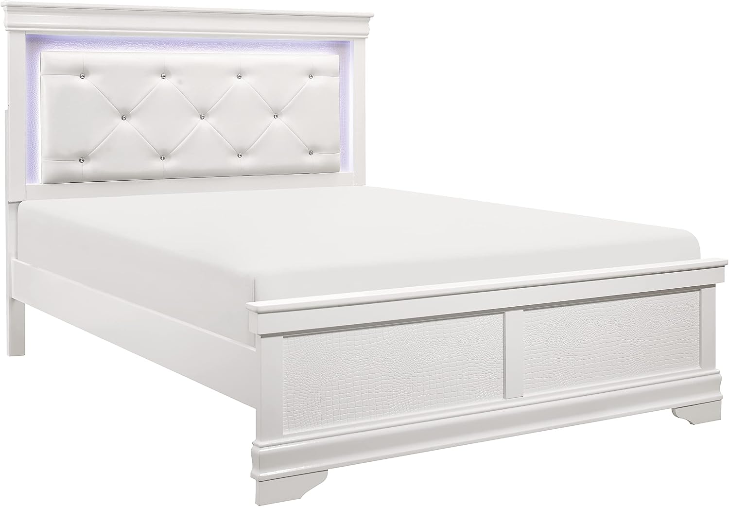 Modern Glam 6pc Set Bedroom Furniture Full Size Tufted LED Light Bed White Finish Alligator Texture Panels
