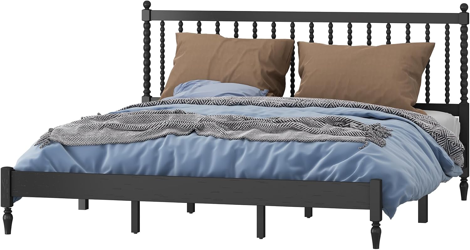 3 Pieces Bedroom Sets King Size Wood Platform Bed with Gourd Shaped Headboard with 2 Nightstands,Antique Black
