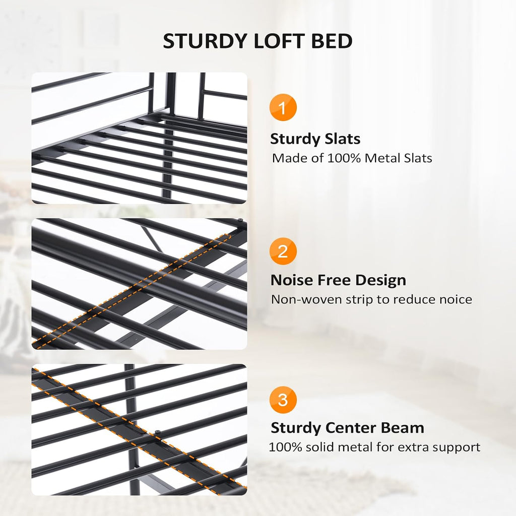 VINGLI Loft Bed Full Size with Flat Rungs for Adults, Kids and Young Teens, No Box Spring Required,Heavy Duty Metal Slat Support,Black