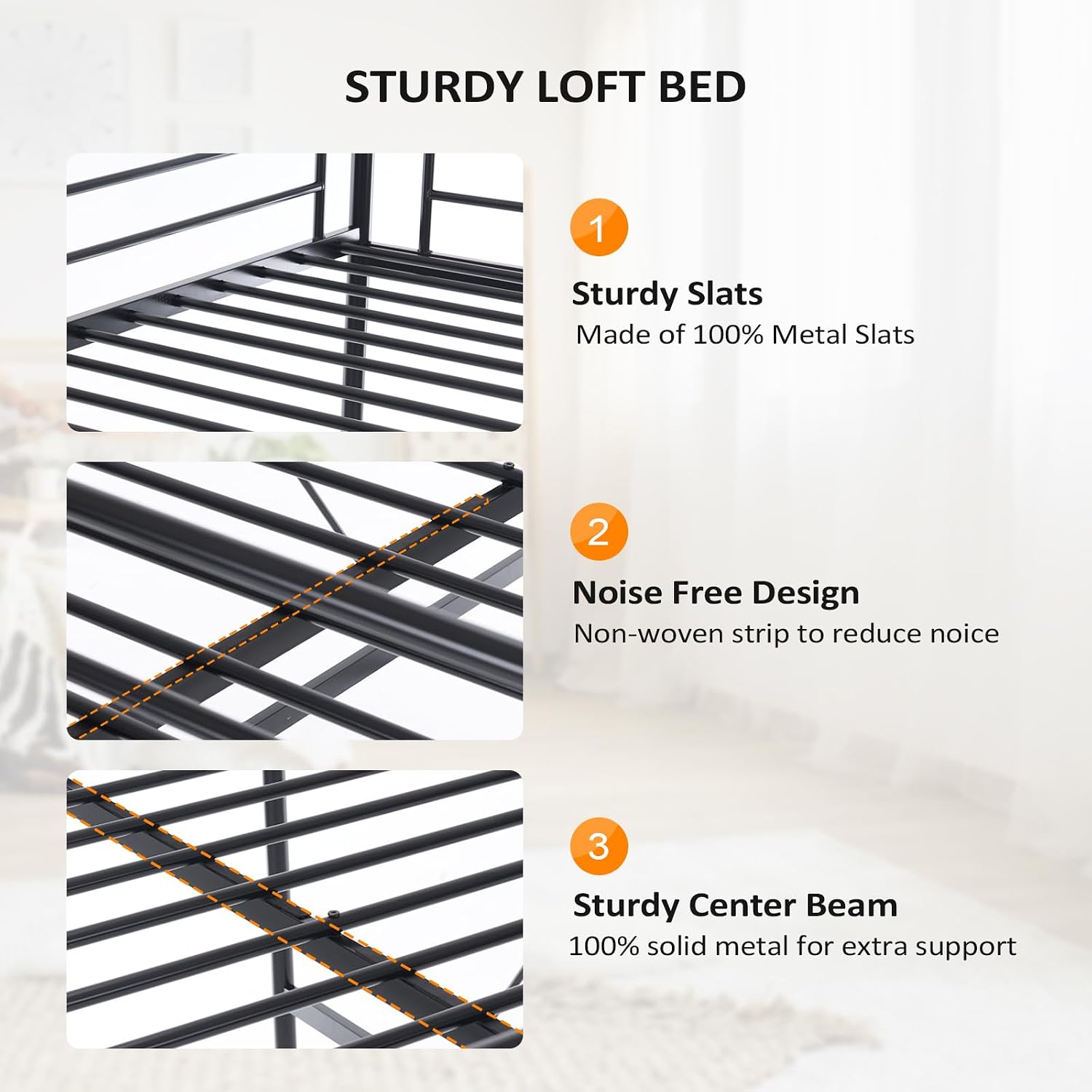 VINGLI Loft Bed Full Size with Flat Rungs for Adults, Kids and Young Teens, No Box Spring Required,Heavy Duty Metal Slat Support,Black