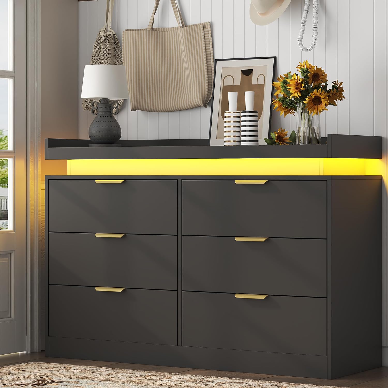 UNIQUITE 6 Drawer Dresser for Bedroom, Black Dresser with LED Lights and Power Outlet, Wooden Dressers Chests of Drawers, Double Wide Dressers for Bedroom, Entryway, Hallway