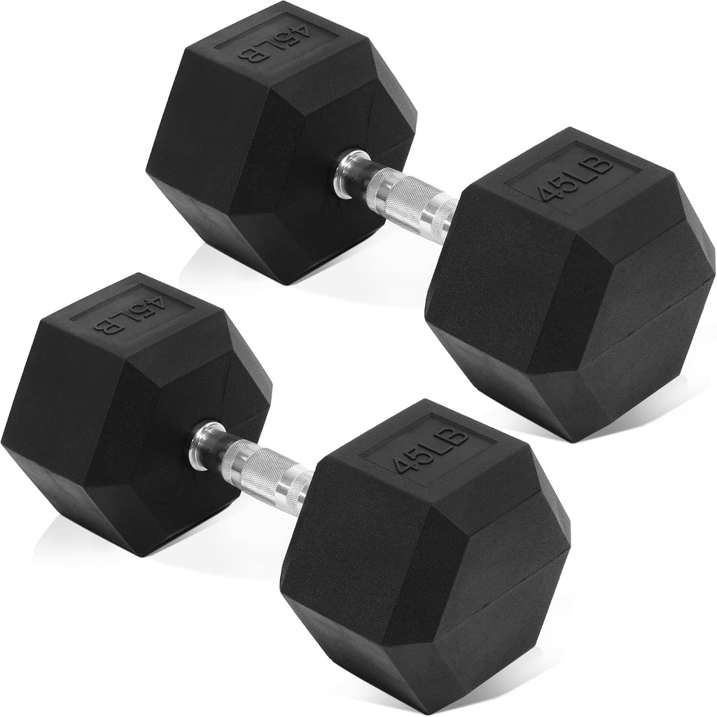 Fitvids Rubber Encased Hex Dumbbell, Hand Weights with Anti-Slip Cast Iron Grip for Exercise & Fitness, Weights Dumbbells Set of 2 for Strength Training, 5-50 LBS Pair