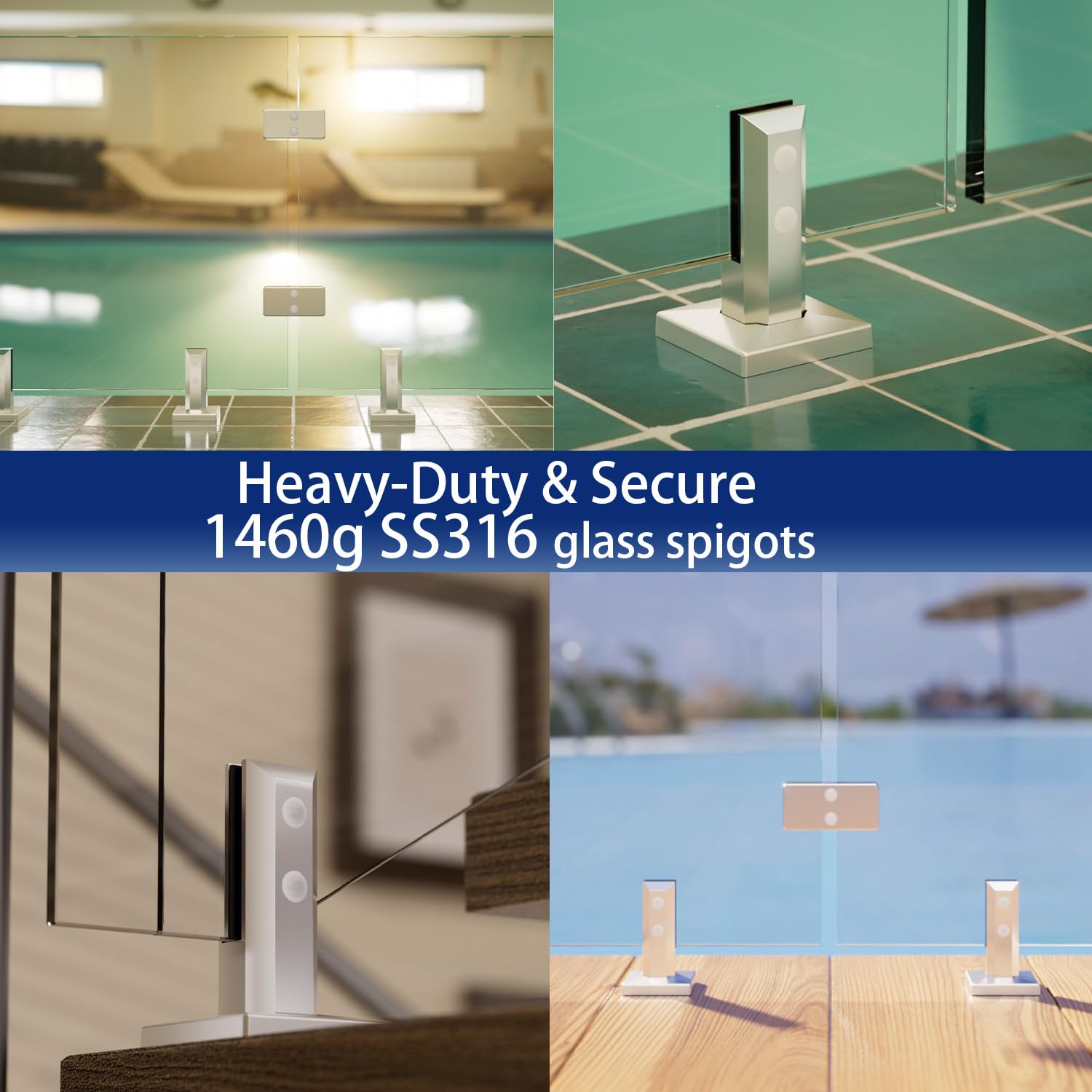 Glass Railing Spigot,4 Pack 2205 Stainless Steel 1450g Heavy Duty Square Pool Fence Glass Railing Spigots Clamp Railing Post for Home Garden Stairs Balustrade Railing Balcony