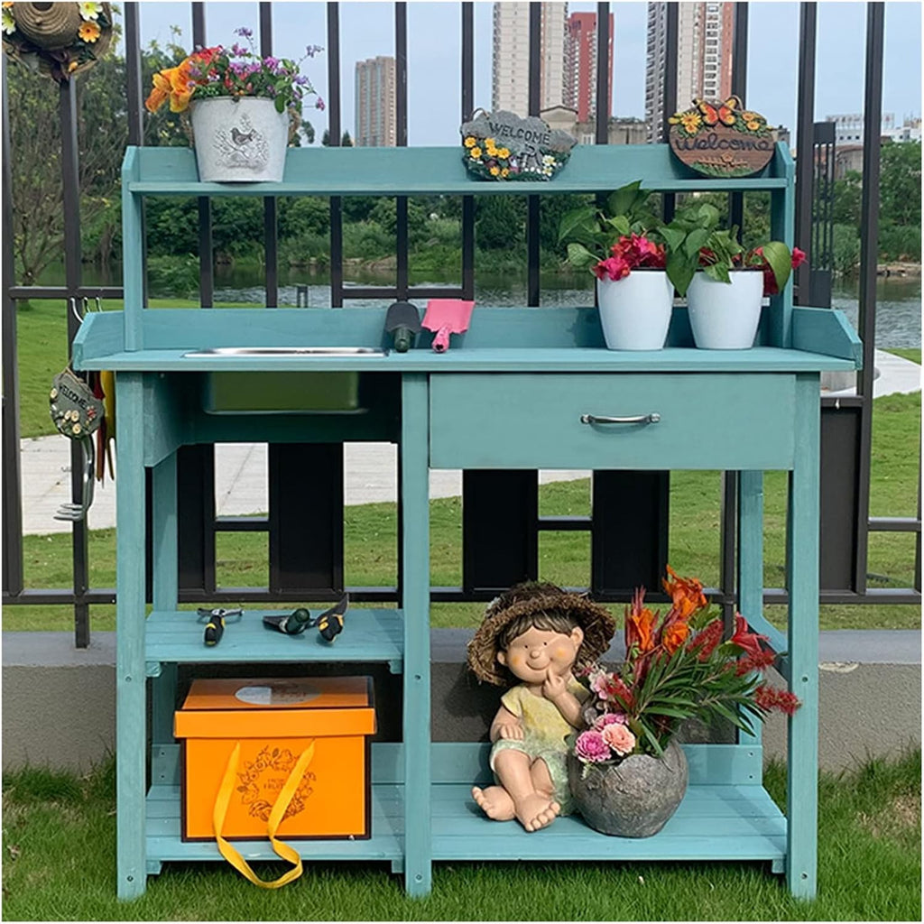 Planting Work Bench with Removable Sink with Storage Shelves and Drawer Gardening Bench Potting Table YCDJCS (Color : Blue, Size : 117x45x121cm)