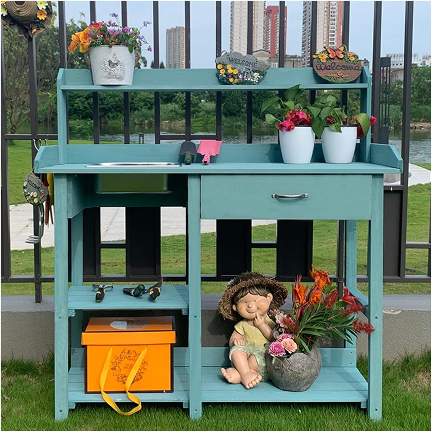 Planting Work Bench with Removable Sink with Storage Shelves and Drawer Gardening Bench Potting Table YCDJCS (Color : Blue, Size : 117x45x121cm)