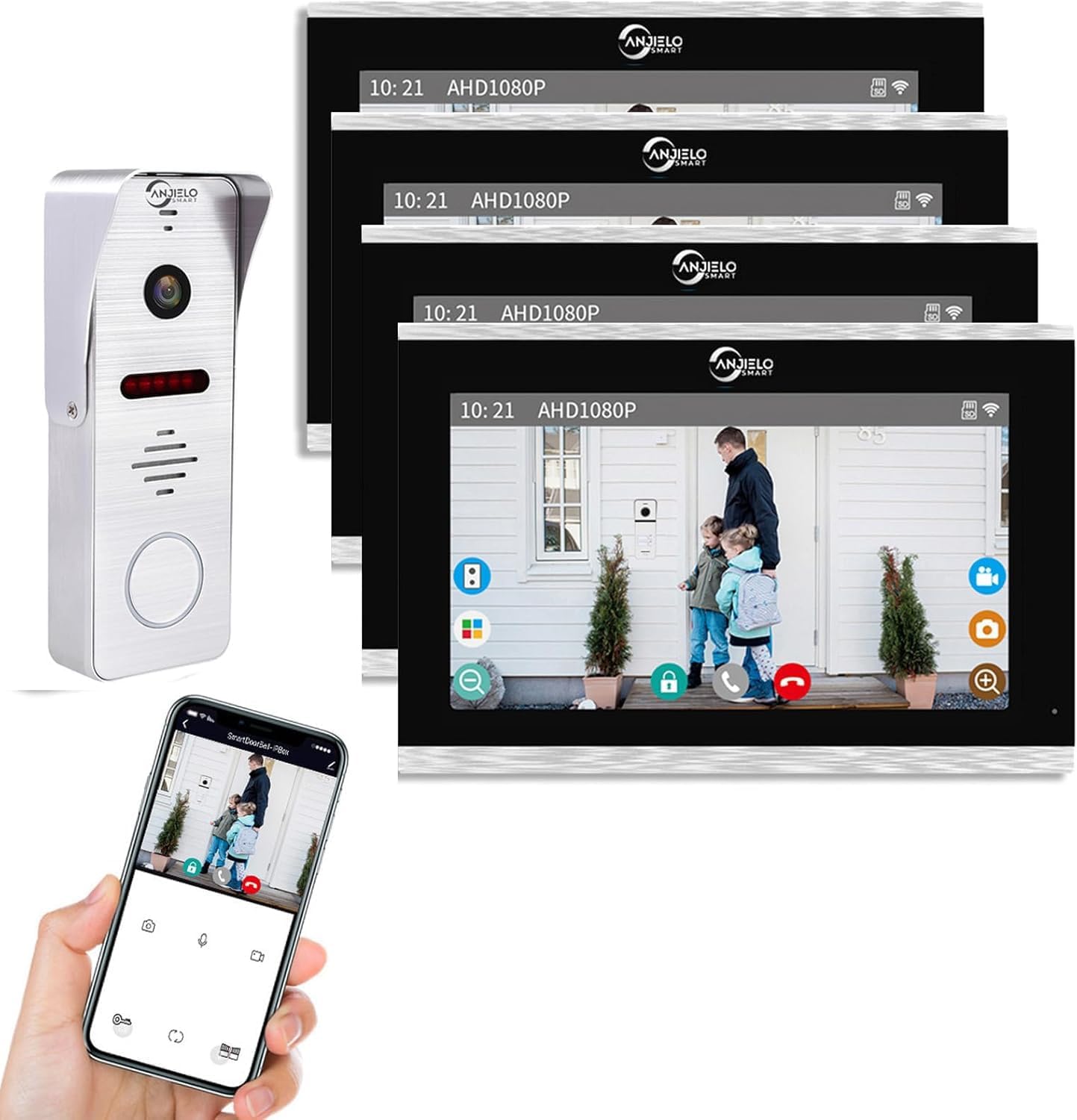 Wireless Video Doorbell Intercom System Doorbell with Camera,10 inch Touch Monitor 1080P Video Entry Doorphone TUYA IP Wired Video Door Phone for Home Villa Apartment (1 Bell+4 * 10 inch)