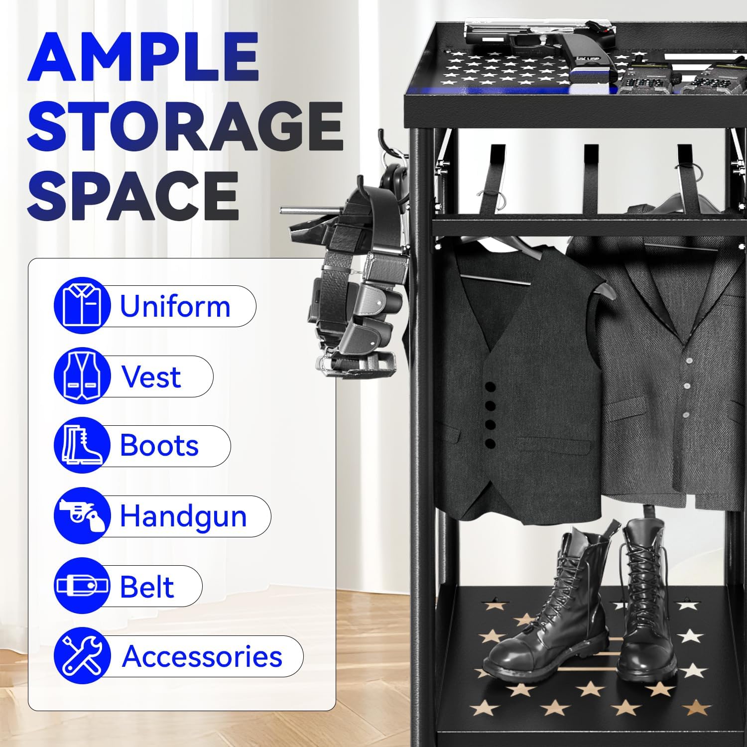 Freestanding Police Gear Stand with Hooks, Heavy Duty Metal Hanger for Body Armor, Duty Belt, Vest & Uniform Storage, Black Tactical Gear Rack Fits Law Enforcement, Security, Academy Graduation Gift
