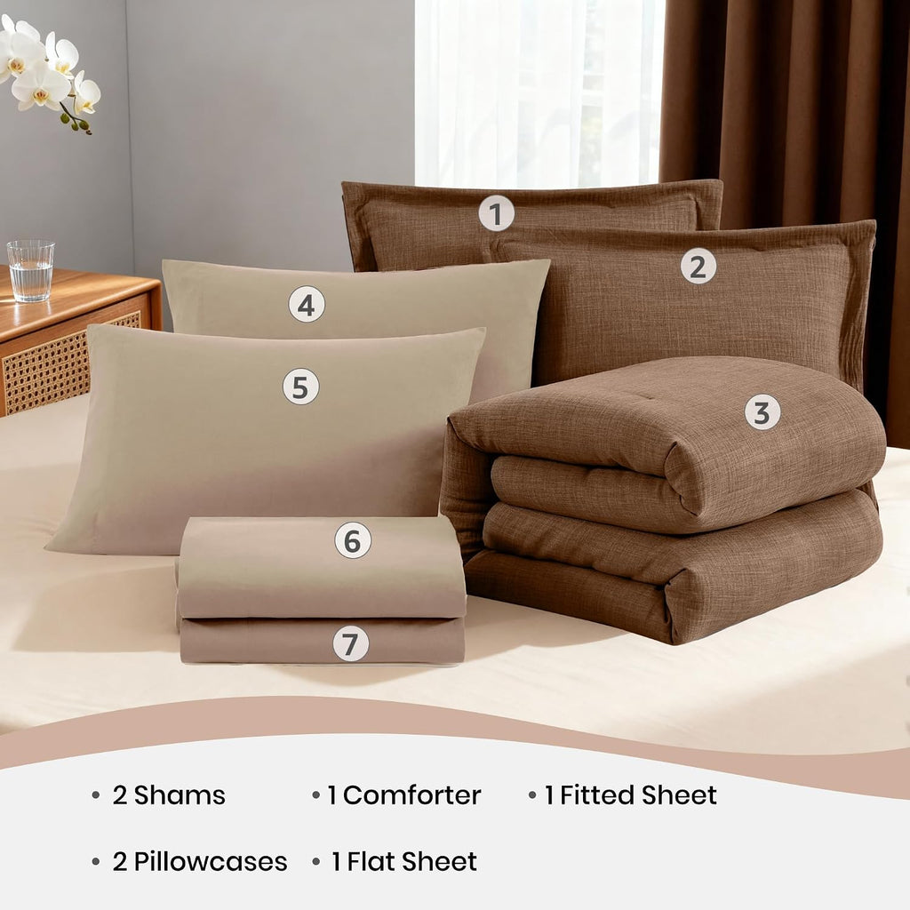 Geniospin Oversized King Comforter Sets - 7 Pieces Brown Oversized King Bedding Set, Solid Bed Set for All Season, Textured Bed in a Bag with Flat Sheet and Fitted Sheet, Pillowcases and Shams