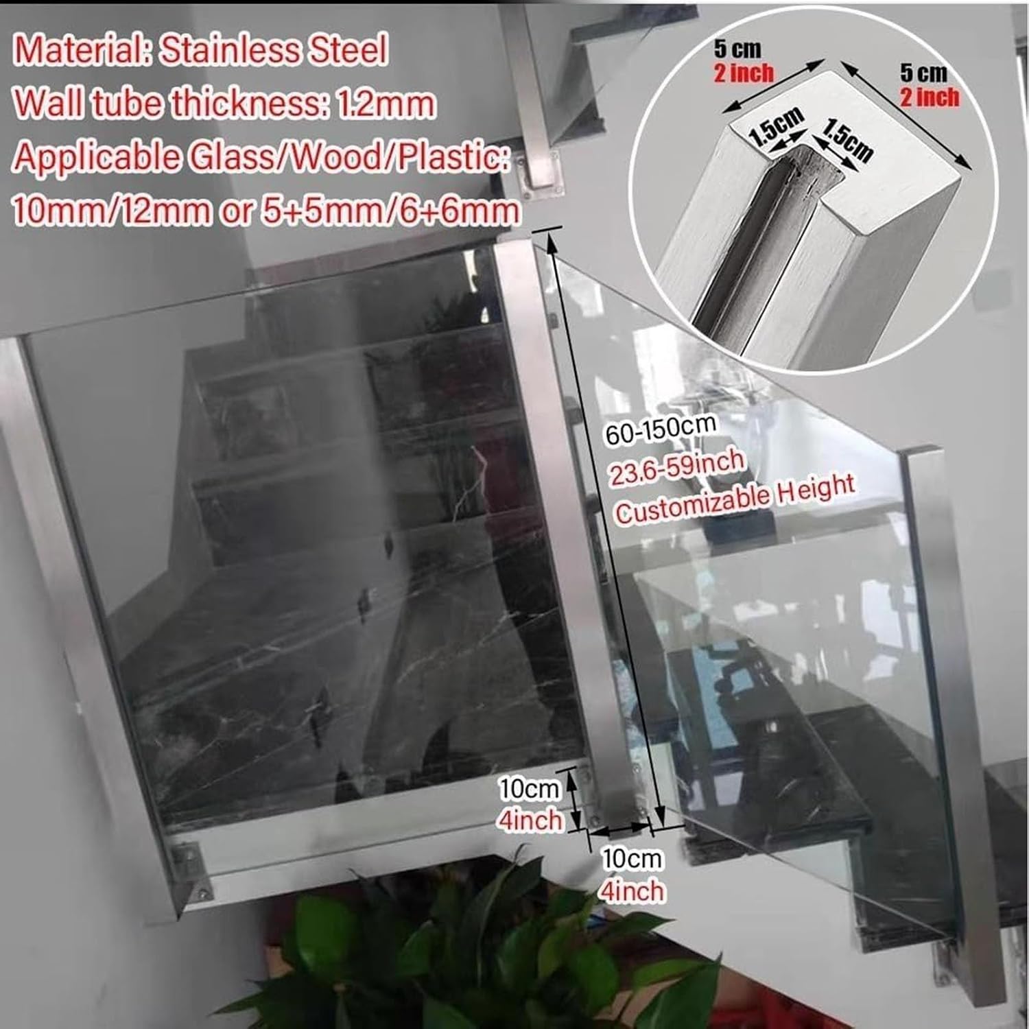 Wall Side Mount Black Glass Railing Post Side Mount, Outdoor Pool Fence Panels Baluster Post, Deck Railing System with Complete Kit for Exterior Steps Villas Balcony/ Stairway(Right End Post,60cm/23.6