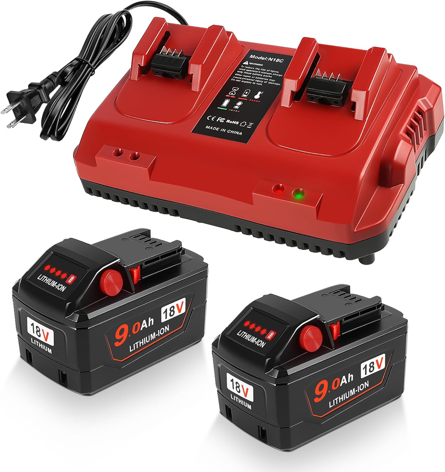 2 Pack 18V 9.0 Ah Battery and 2-Port Charger Replacement for Milwaukee M-18 Batteries