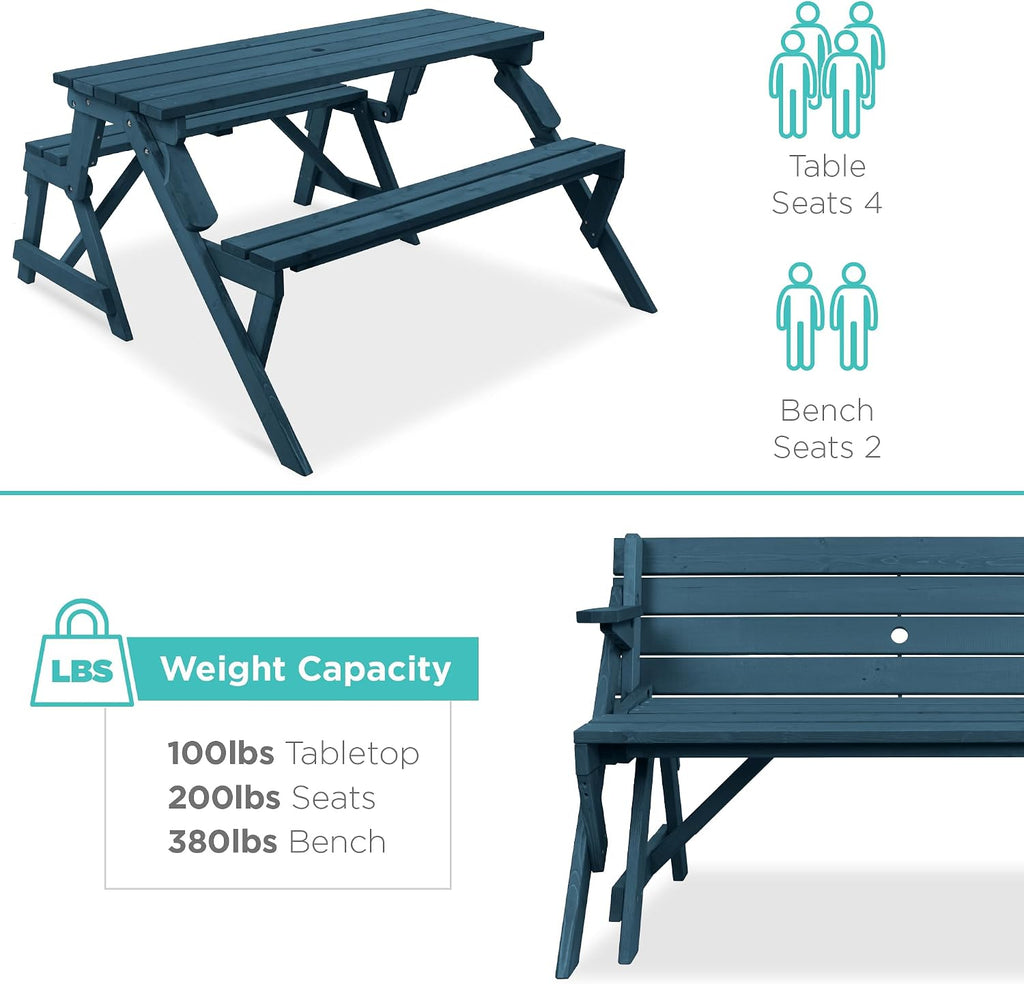 Best Choice Products 2-in-1 Transforming Interchangeable Outdoor Wooden Picnic Table Garden Bench for Backyard, Porch, Patio, Deck w/Umbrella Hole - Harbor Blue