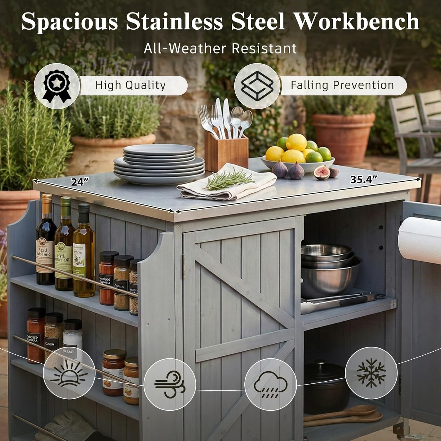 42.1' Outdoor Grill Cart with Storage, Small Kitchen Island with Stainless Steel Top, Side Shelf & Adjustable Shelf, Mobile Bar Cart with Storage and Locking Wheels (Grey+Blue)