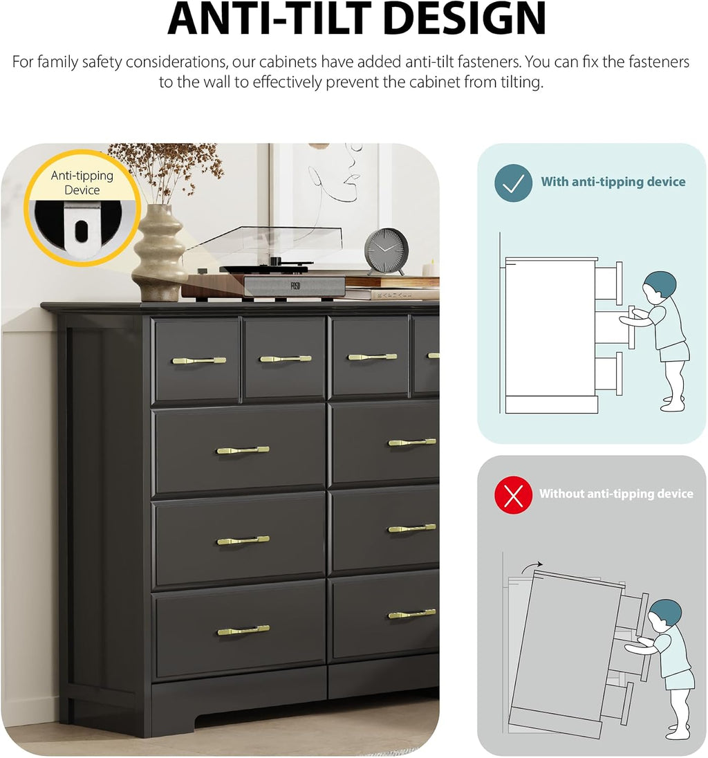 NEDYO 8 Drawer Dressers for Bedroom, 40 Inch Large Wide Dresser, Mid Century Modern Drawer Chest with Gold Hardware, Wooden Chest of Drawers. Black