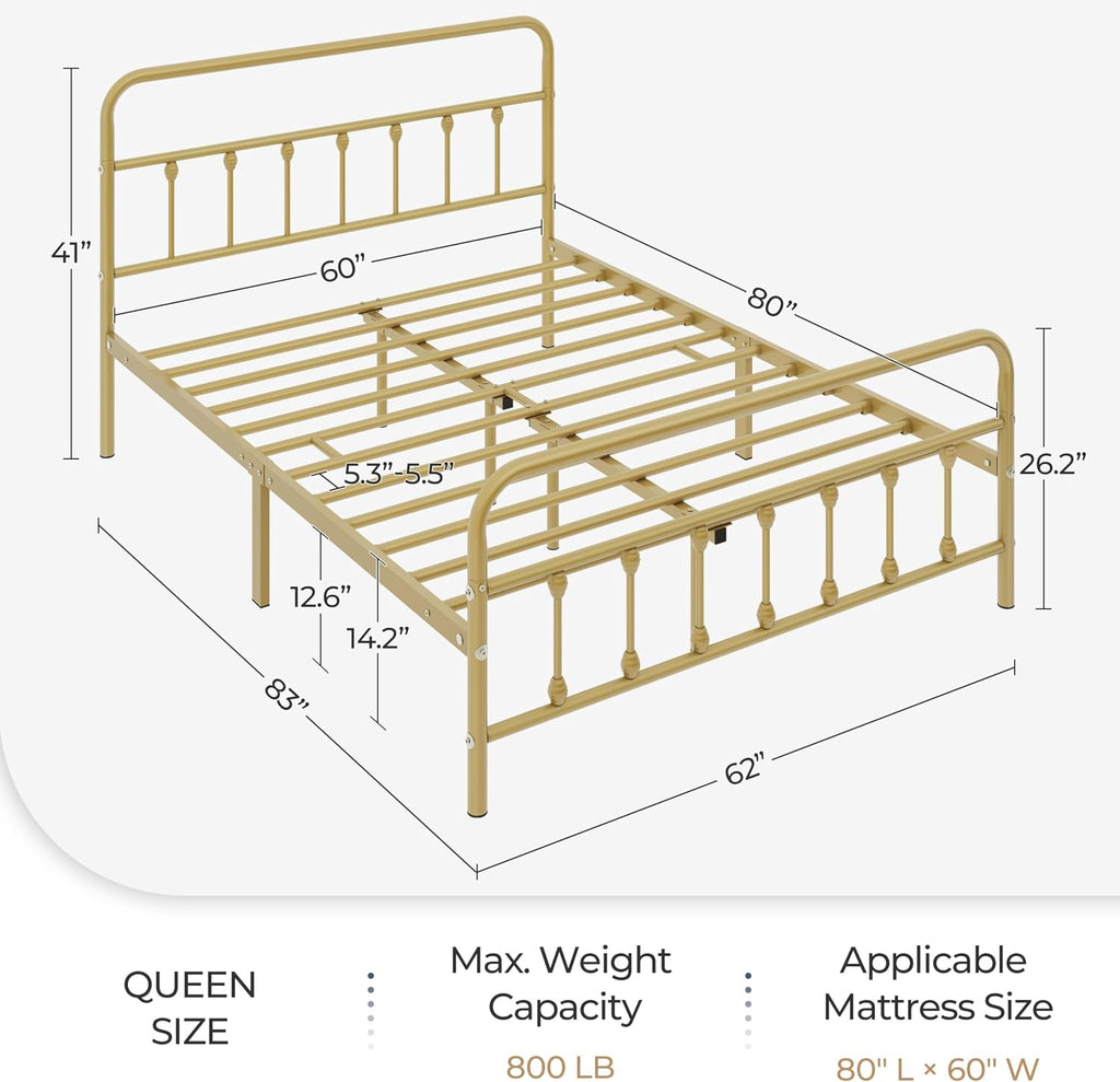 Topeakmart Queen Size Victorian Style Metal Bed Frame with Headboard/Mattress Foundation/No Box Spring Needed/Under Bed Storage/Strong Slat Support Antique Gold