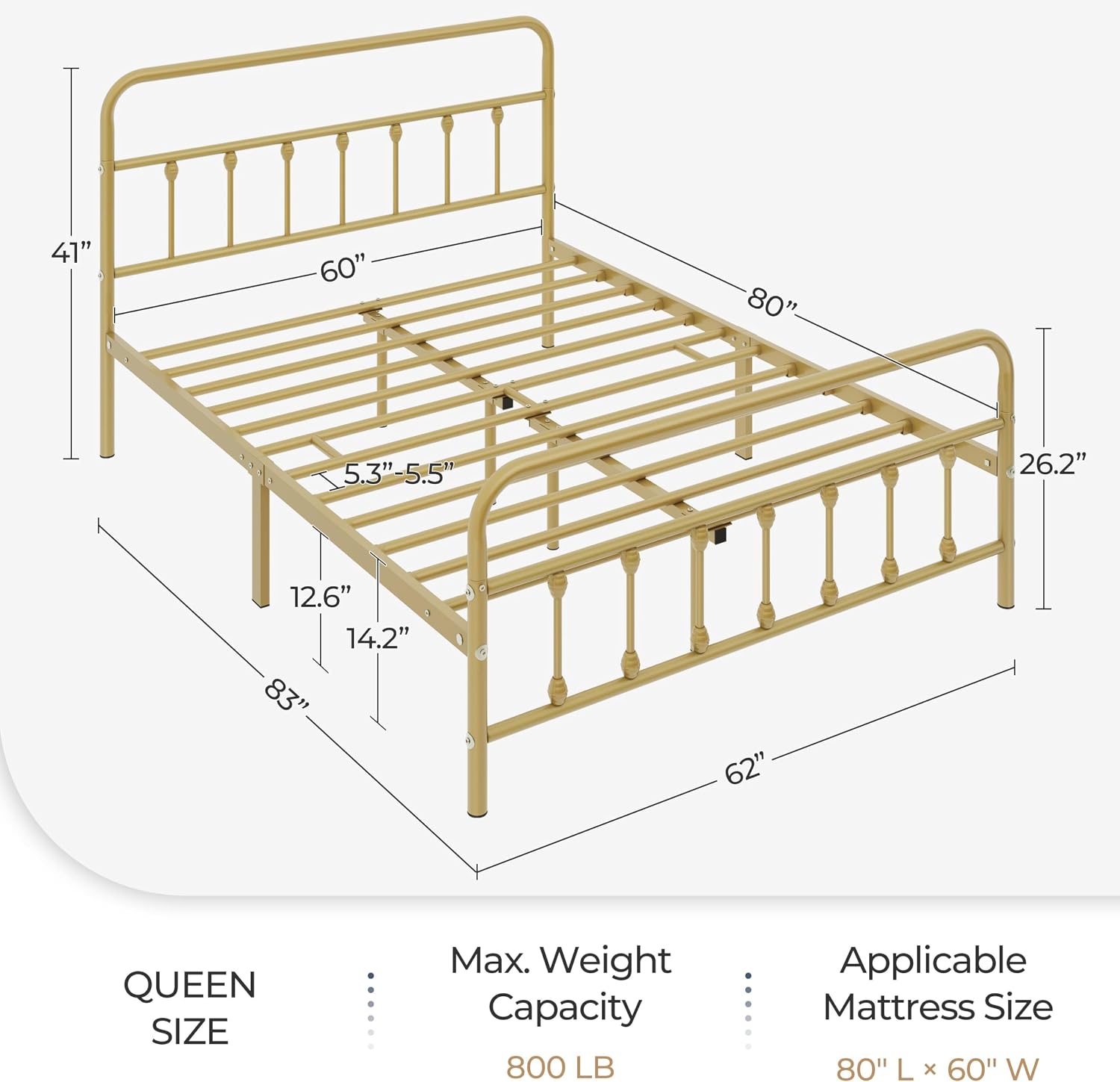 Topeakmart Queen Size Victorian Style Metal Bed Frame with Headboard/Mattress Foundation/No Box Spring Needed/Under Bed Storage/Strong Slat Support Antique Gold