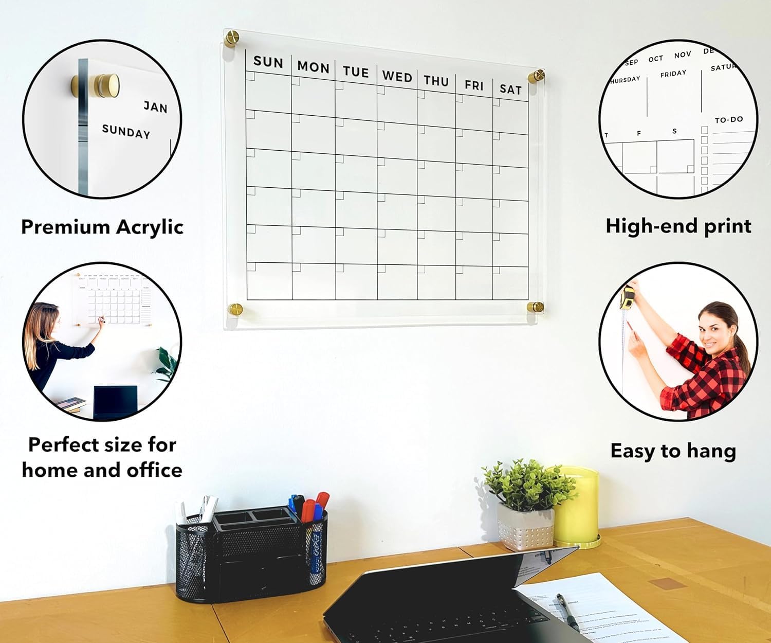 Acrylic Wall Premium Calendar 2026 - Monthly and Weekly Board Family Planner - Dry Erase Calendar Family Planner - Marker - Gold Hardware (Gold Standoff, 40'x28' (XLarge))
