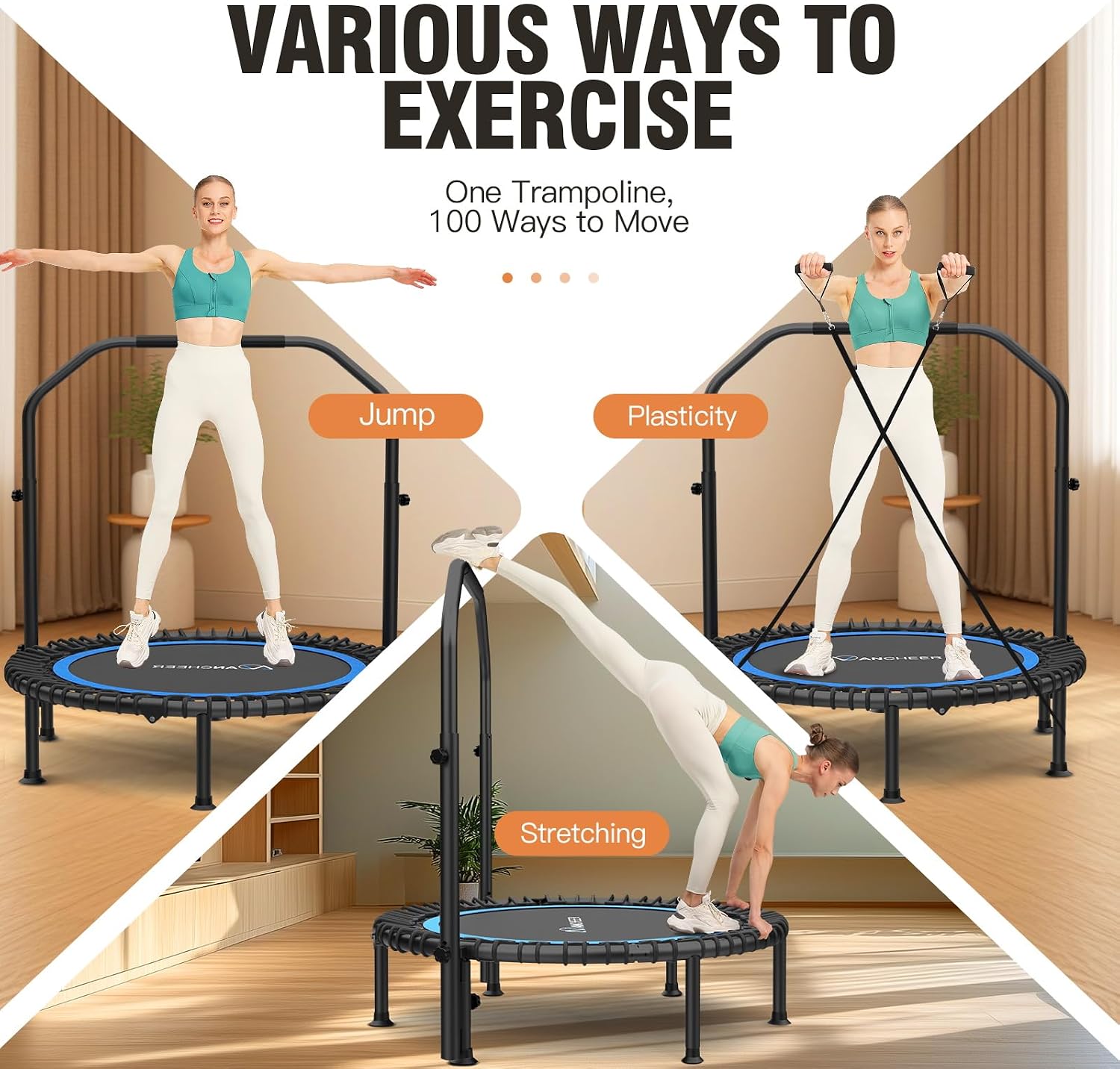 ANCHEER 40'/48' Foldable Mini Trampoline,Max Load 450lbs/550lbs Indoor Trampoline,with 4 Level Adjustable Foam Handle and Resistance Bands,Adult Exercise Trampoline for Home, Garden, and Gym