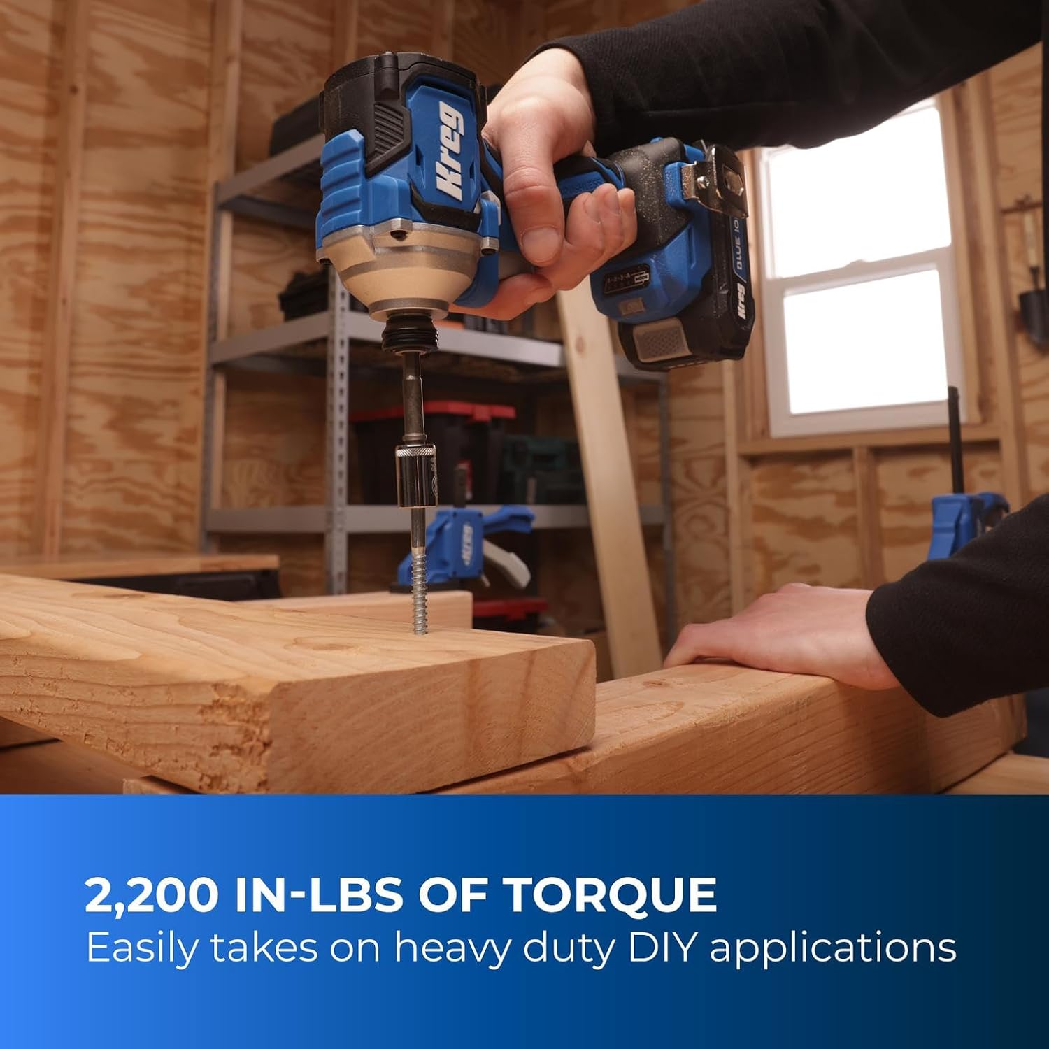 Kreg 20V Ionic Drive 1/4' Compact Impact Driver, 20V Blue Ion Charger & Blue Ion 2Ah Battery Pack - Compact, Cordless Driver with 2,200 in-lbs of Torque - 20V Variable Speed - LED Light - KPTBDV025A