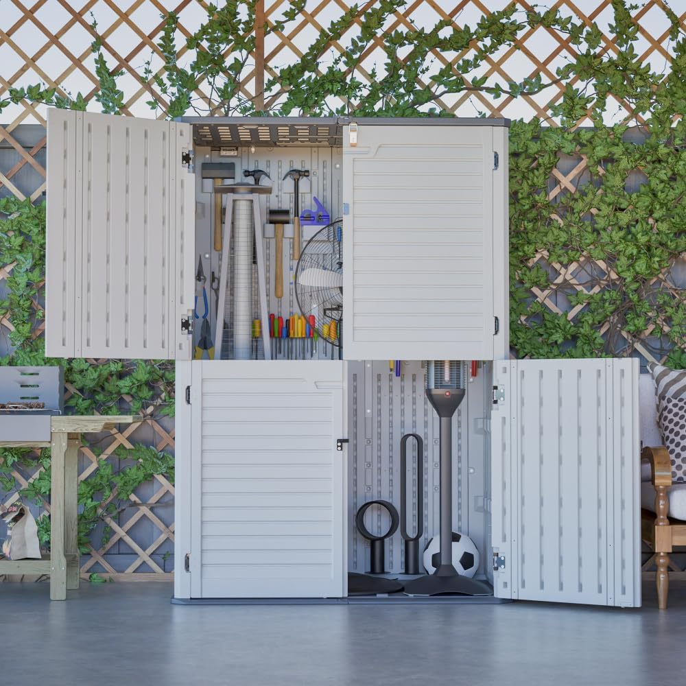 Heavy-Duty Plastic Storage Shed with Floor – Weather-Resistant Outdoor Utility Shed for Garden Tools, Lawn Equipment & Yard Supplies (L-White + Plastic-1)