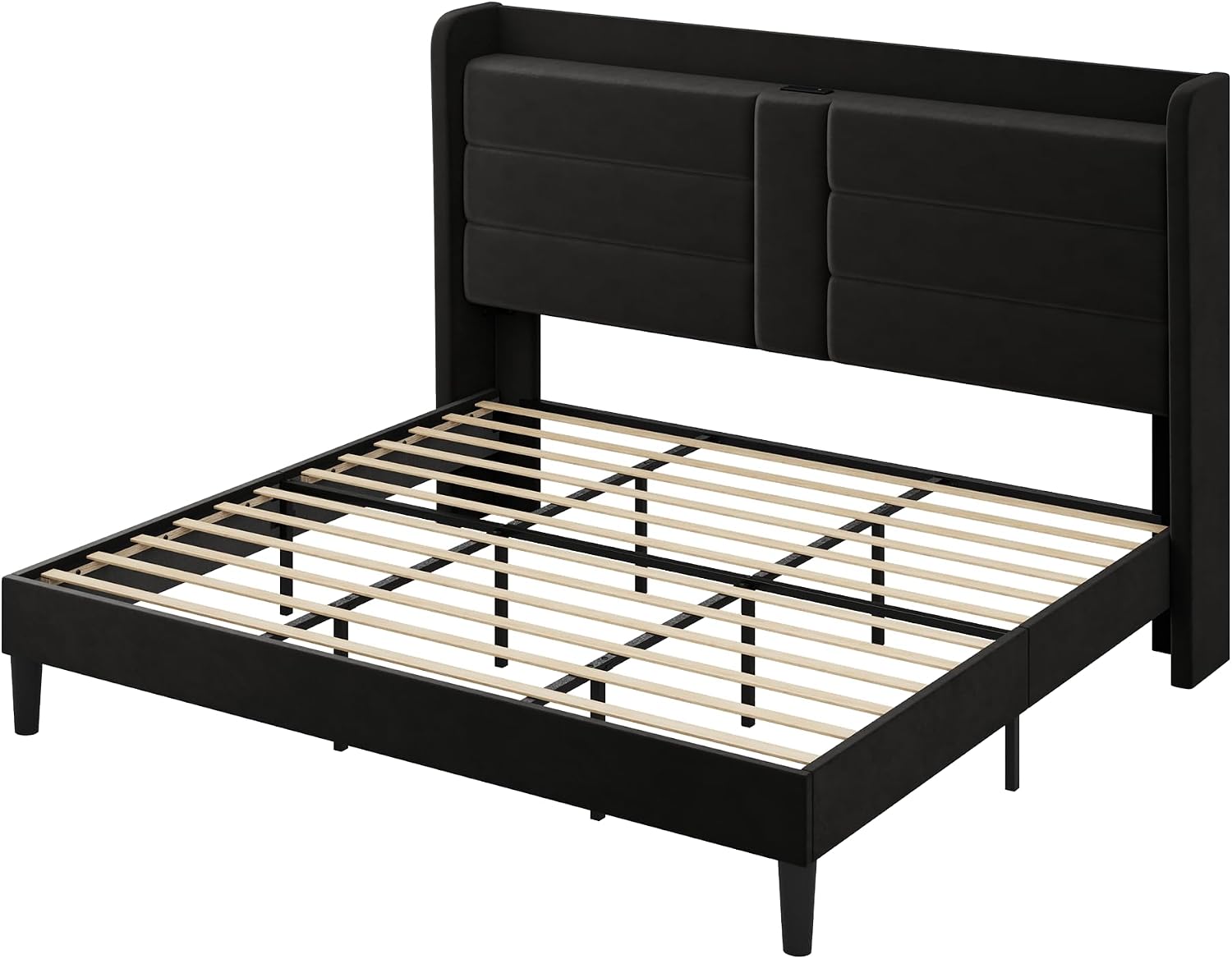 Allewie King Size Platform Bed Frame with Charging Station & Storage Headboard, Upholstered Velvet Wingback Design & USB Port, Strong Wooden Slats Support, No Box Spring Needed, Easy Assembly, Black