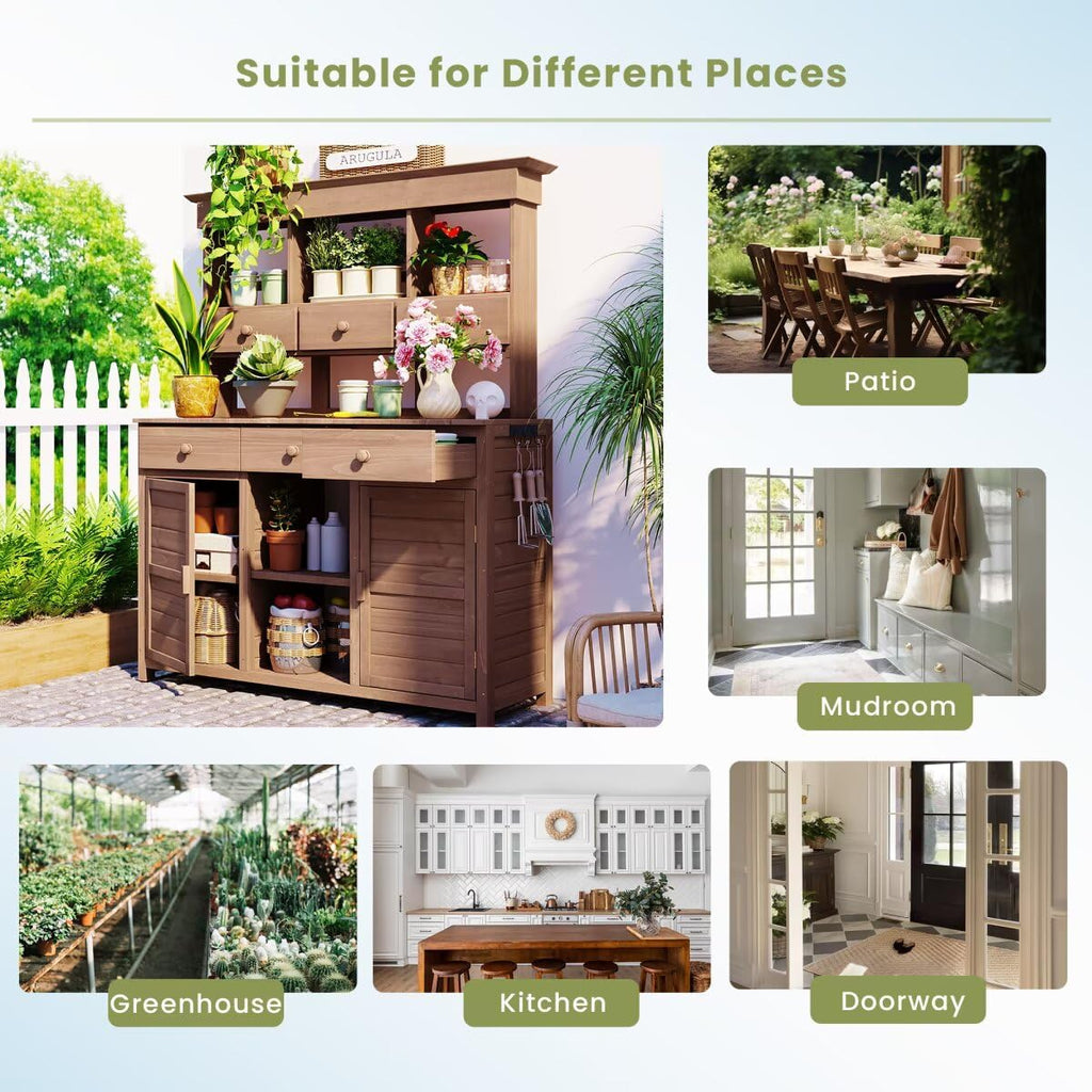 JIJIWANG 65.7'' H Tall Garden Potting Bench Table with Hutch,Patio Storage Workstation with 3 Shelves,6 Drawers,2 Bottom Cabinets&Side Hooks for Mudroom,Doorway, Brown