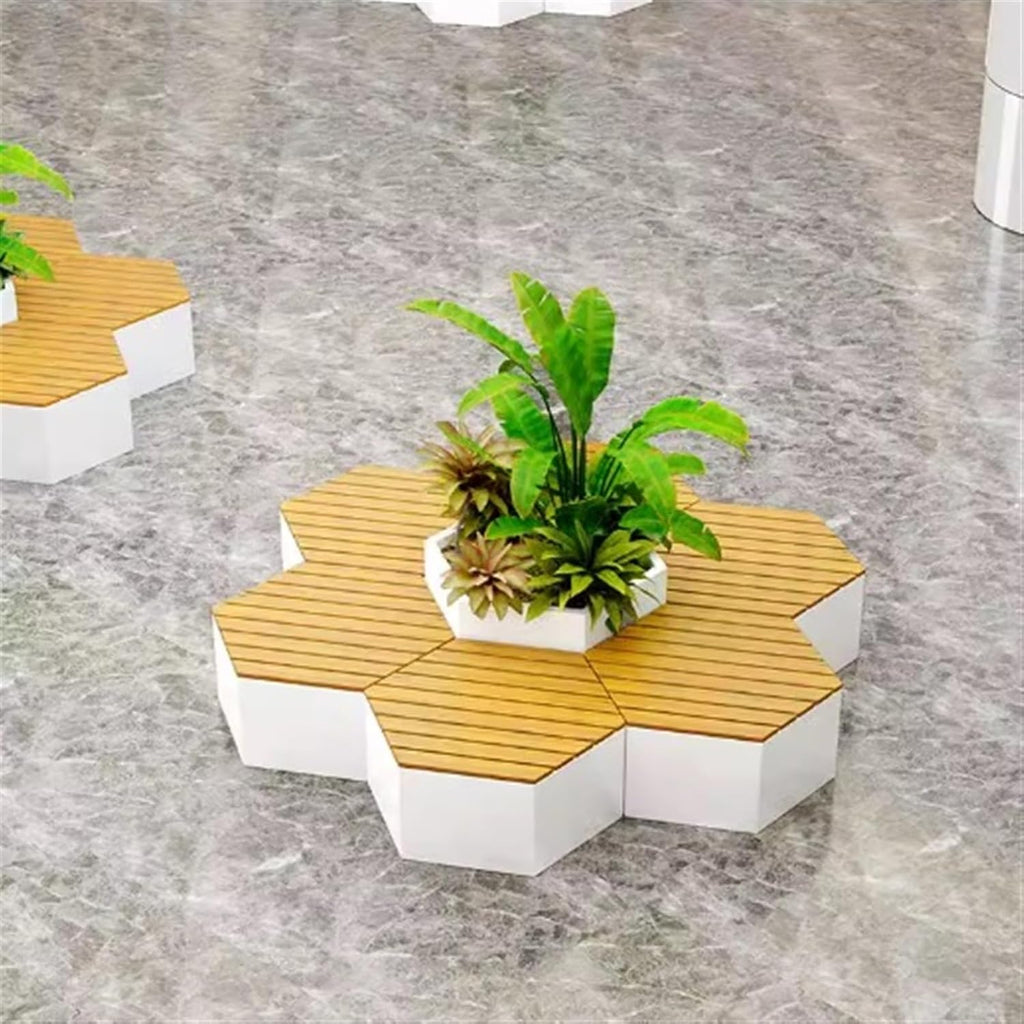 Bench with Planter Box, Outdoor Metals Planter Benches, 6 Hexagonal Outdoor Seats and 1 Flower Box Combination DIY Assembly Wood Planter Bench Deck Plant Box for Porch, Patio, Garden and Backyard Gard