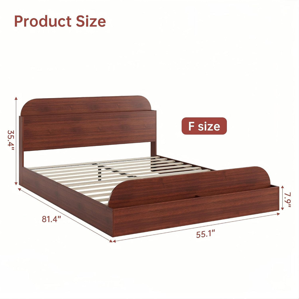 GarveeHome Full Size Bed Frame, Wooden Beds with Storage Headboard and Raised-Foodboard, Full-Floor Low Platform Bed for Bedroom, Sturdy Wooden Slats Support, No Box Spring Needed, Espresso