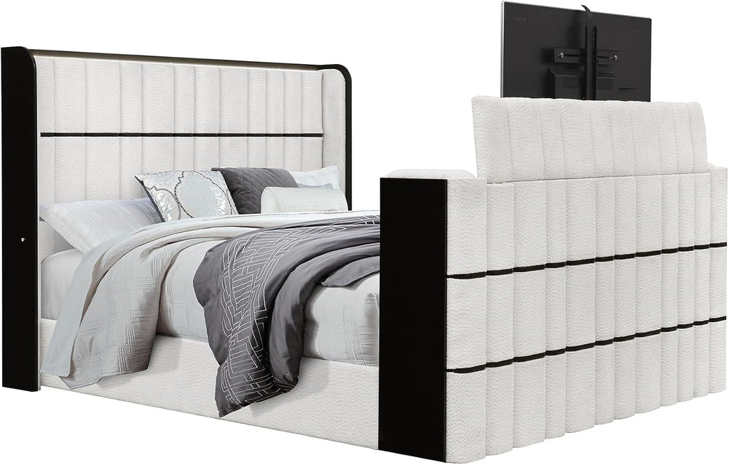 White and Black King 5PC Bedroom Set with 50' TV Lift LED, Speakers and Fireplace