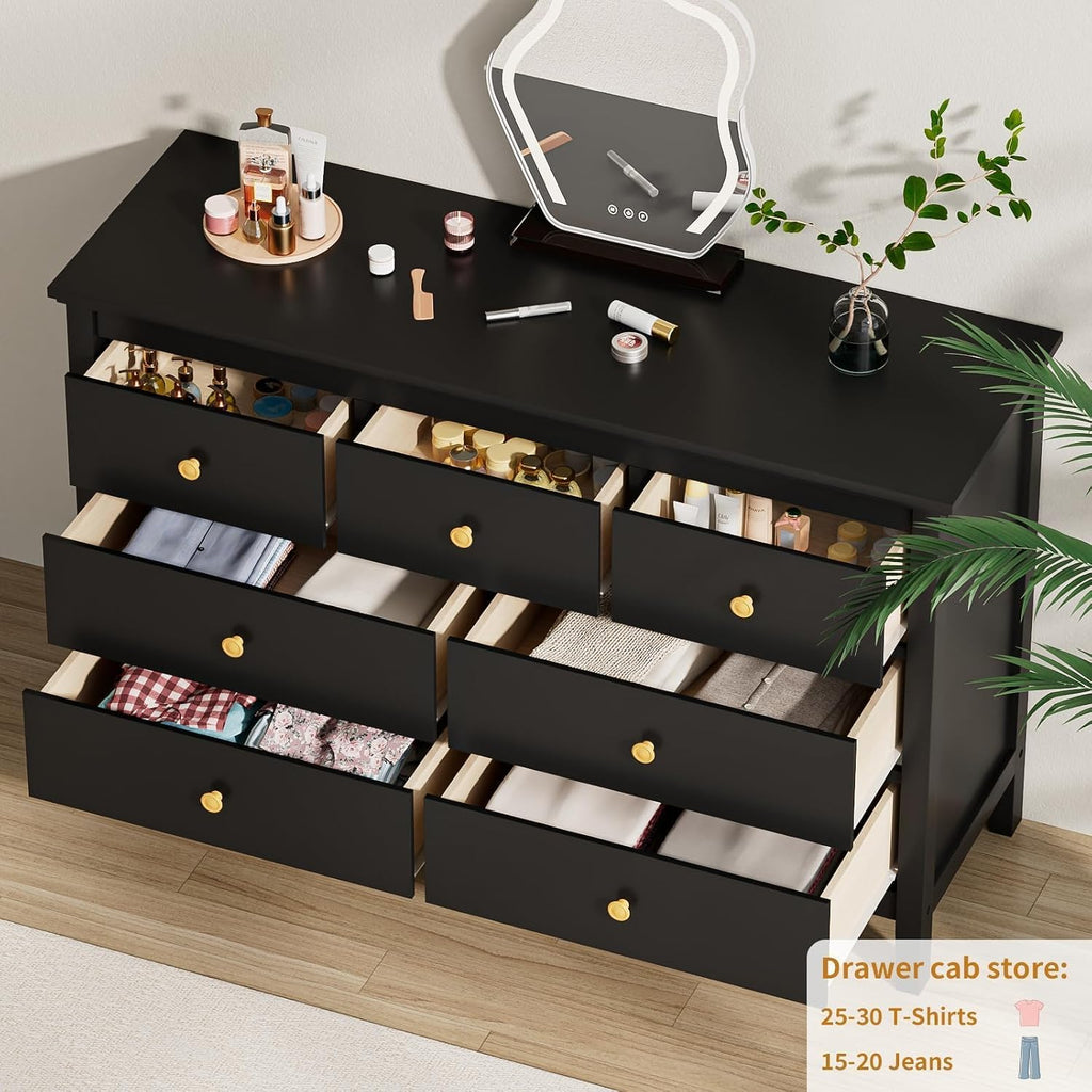 CARPETNAL 7 Drawers Dresser for Bedroom, Black Dressers & Chests of Drawers with Gold Handles and 7 Large Drawer, Modern Wooden Storage Organizer Cabinet for Hallyway, Entryway