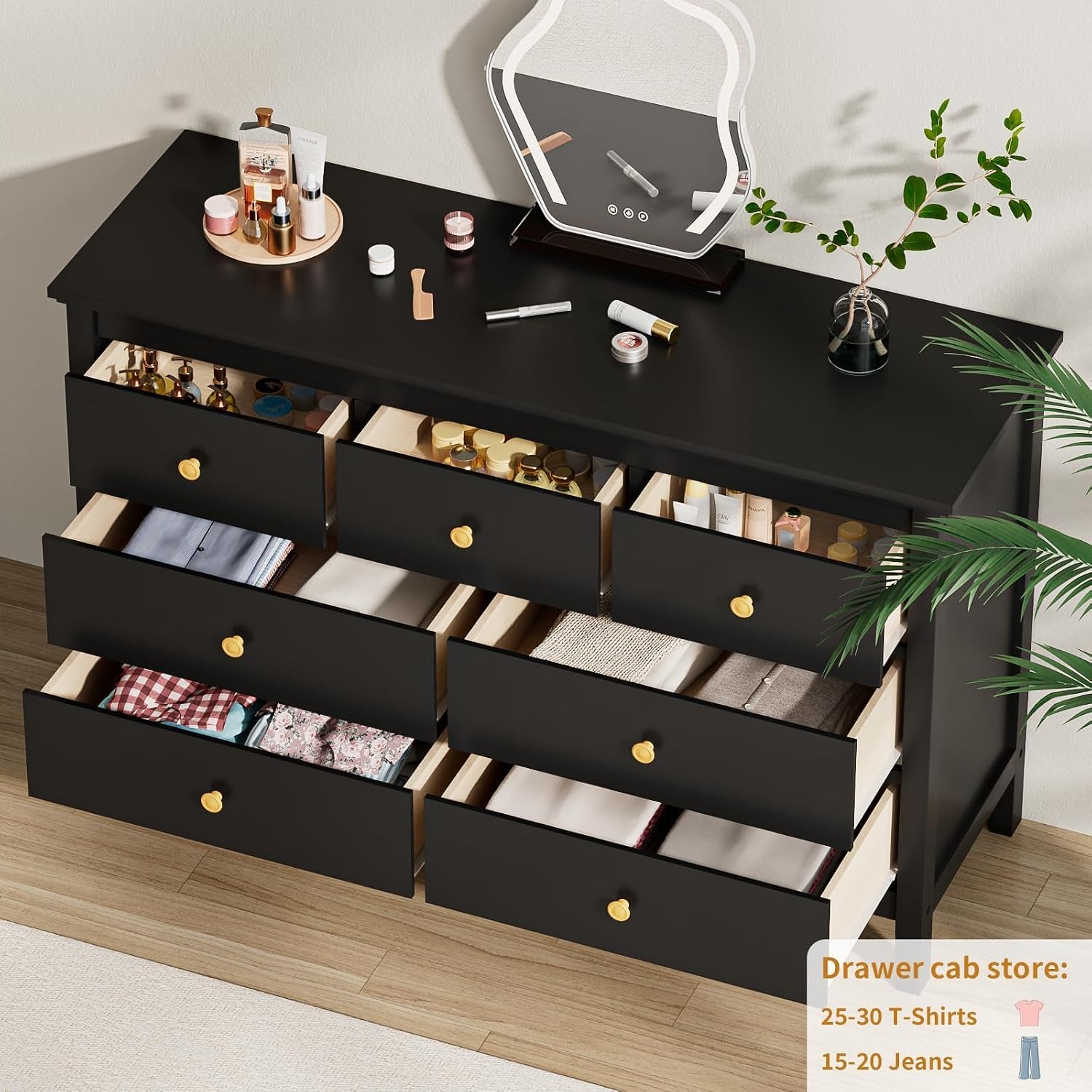 CARPETNAL 7 Drawers Dresser for Bedroom, Black Dressers & Chests of Drawers with Gold Handles and 7 Large Drawer, Modern Wooden Storage Organizer Cabinet for Hallyway, Entryway