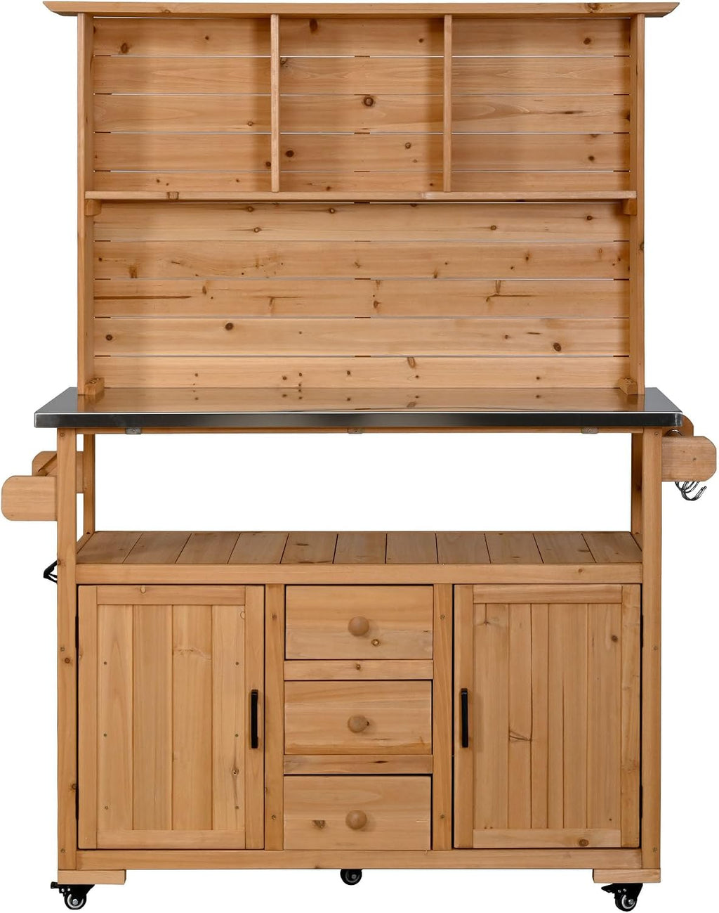 Potting Benches for Outside with Stainless Steel Top, 65''H Fir Wood Potting Bench with Storage, Outdoor Gardening Table (Natural)