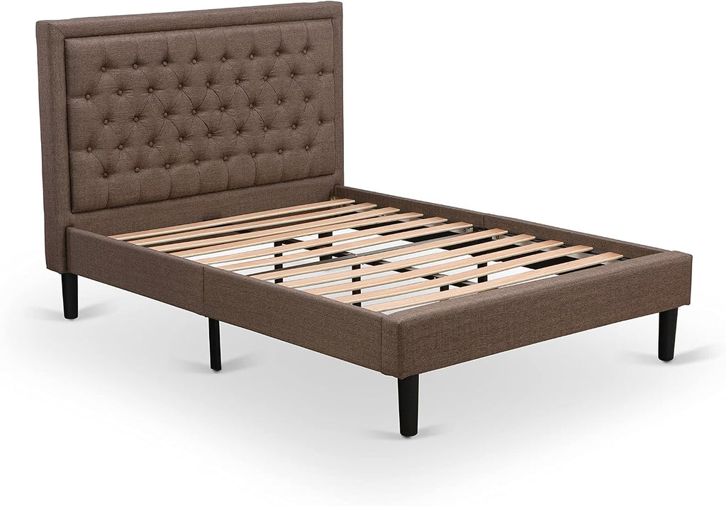 East West Furniture KDF-18-F Platform Full Bed Frame - Brown Linen Fabric Upholstered Bed Headboard with Button Tufted Trim Design - Black Legs