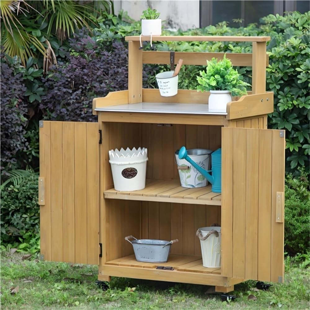 Potting Bench with Storage, Outdoor Storage Cabinet with Universal Wheels, Wooden Potting Bench Table with Metal Tabletop and Side Hooks, Outdoor Gardening Table for Terrace, Garden
