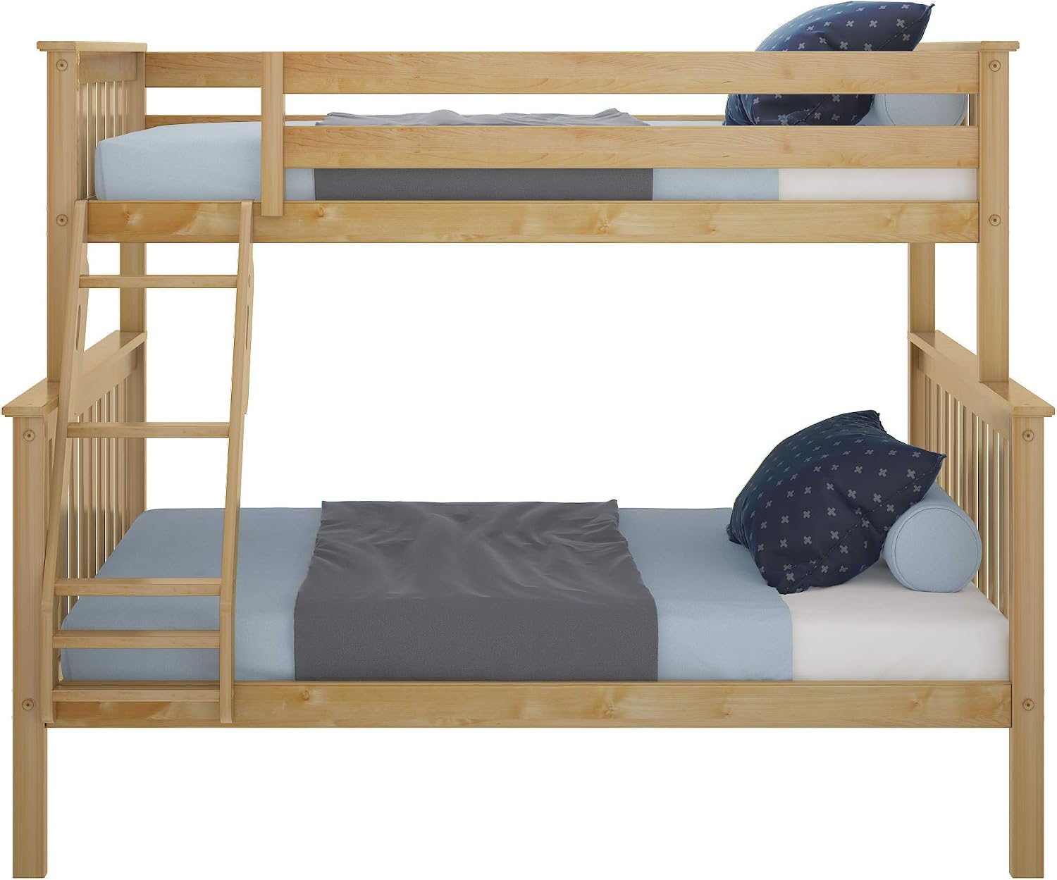 Max & Lily Bunk Bed Twin Over Full Size with Ladder, Solid Wood Platform Bed Frame with Ladder for Kids, 14' Safety Guardrails, Easy Assembly, No Box Spring Needed, Natural